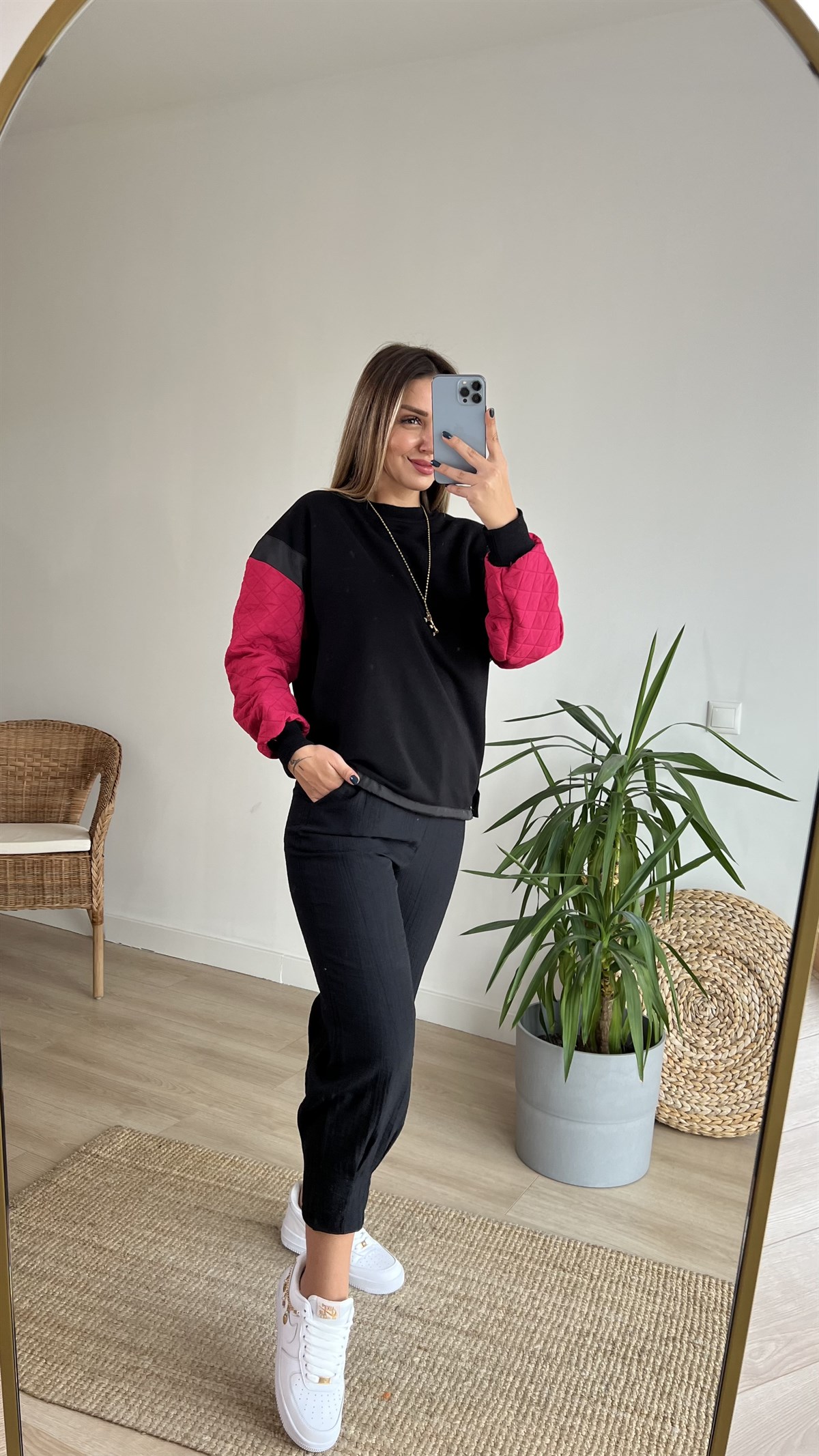  Kolları Pembe Kapitone Tasarım Sweat