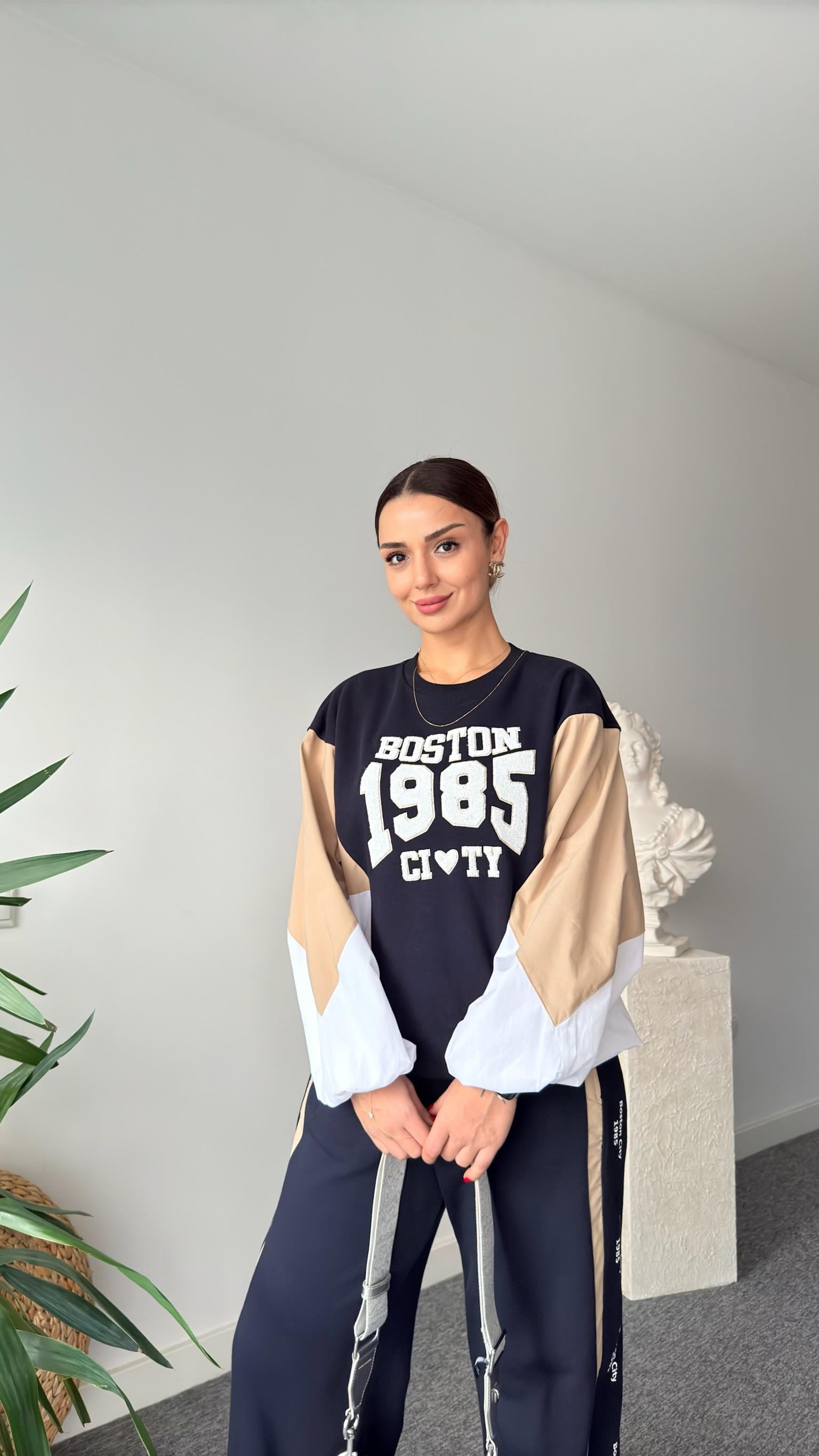 Boston Yazılı Poplin Garnili Sweatshirt