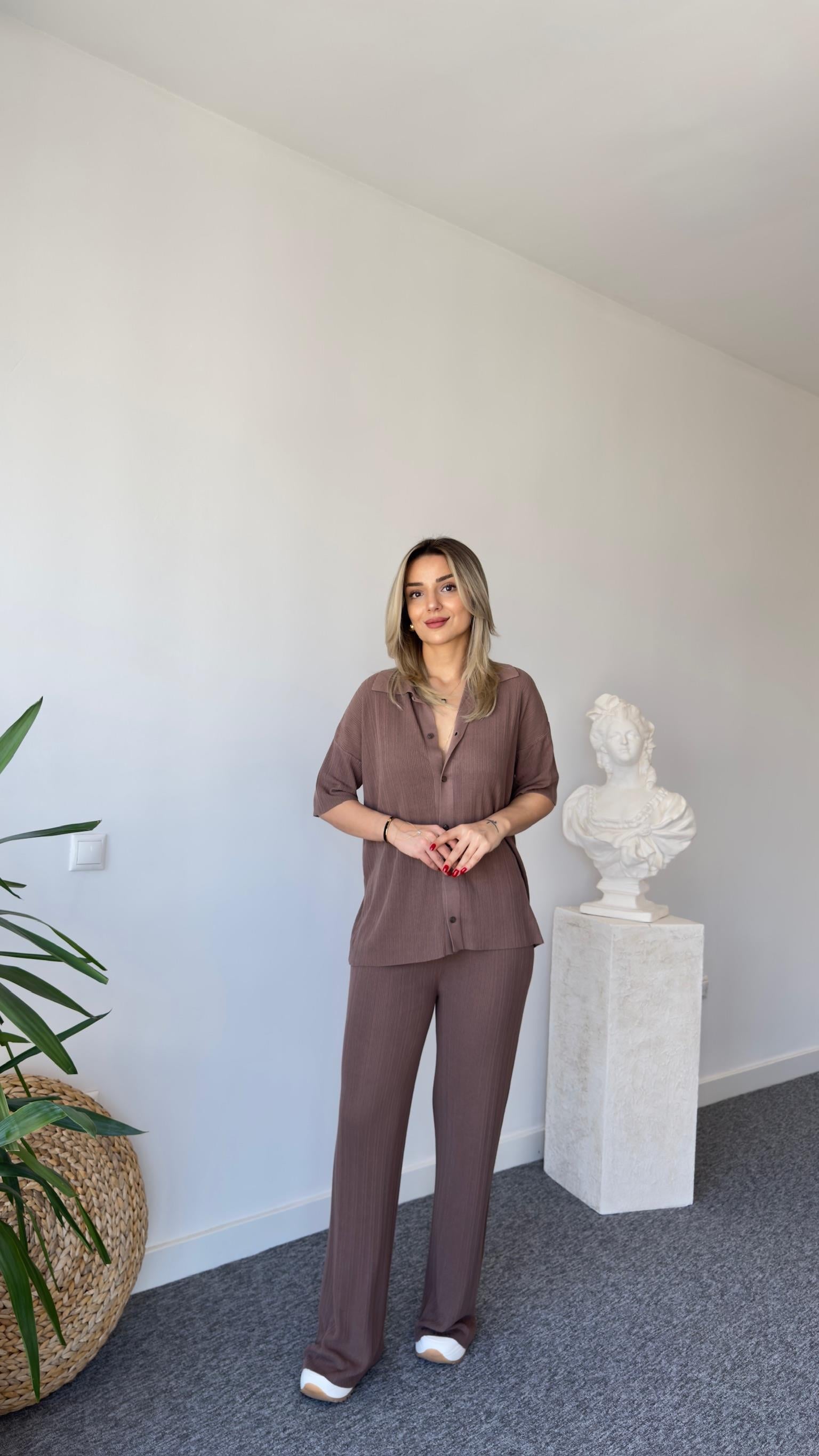 Eres Kısa Kol Fitilli Kahve Triko Takım