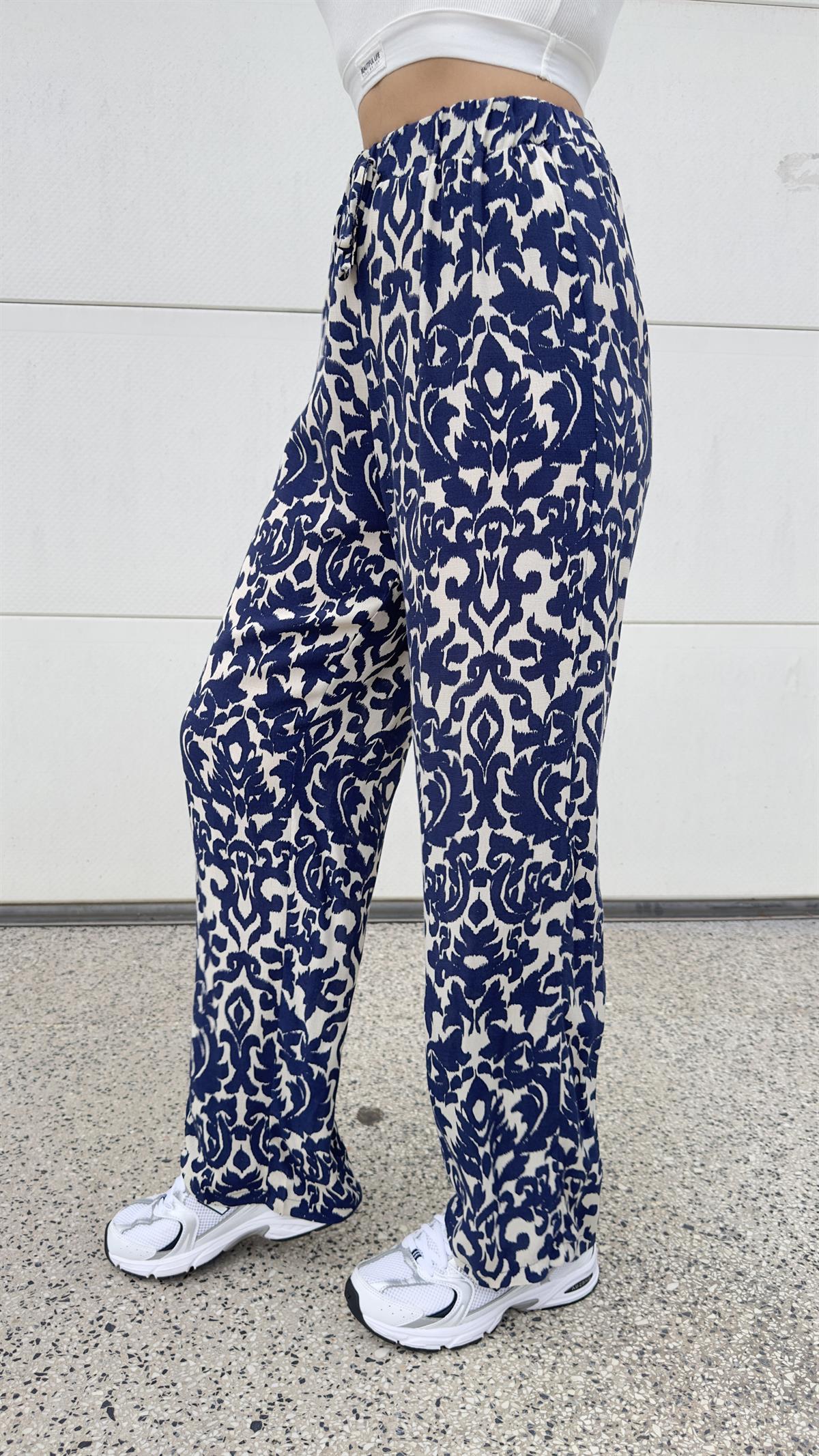 Mavi Etnik Desenli Lastikli Pantolon