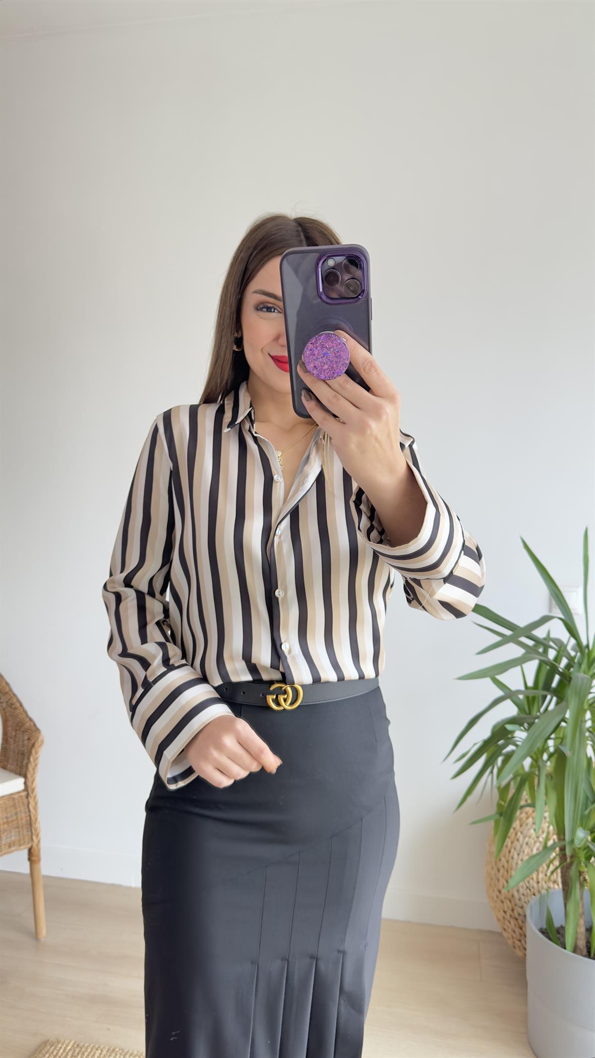 Zra Model Bej Siyah Saten Gömlek