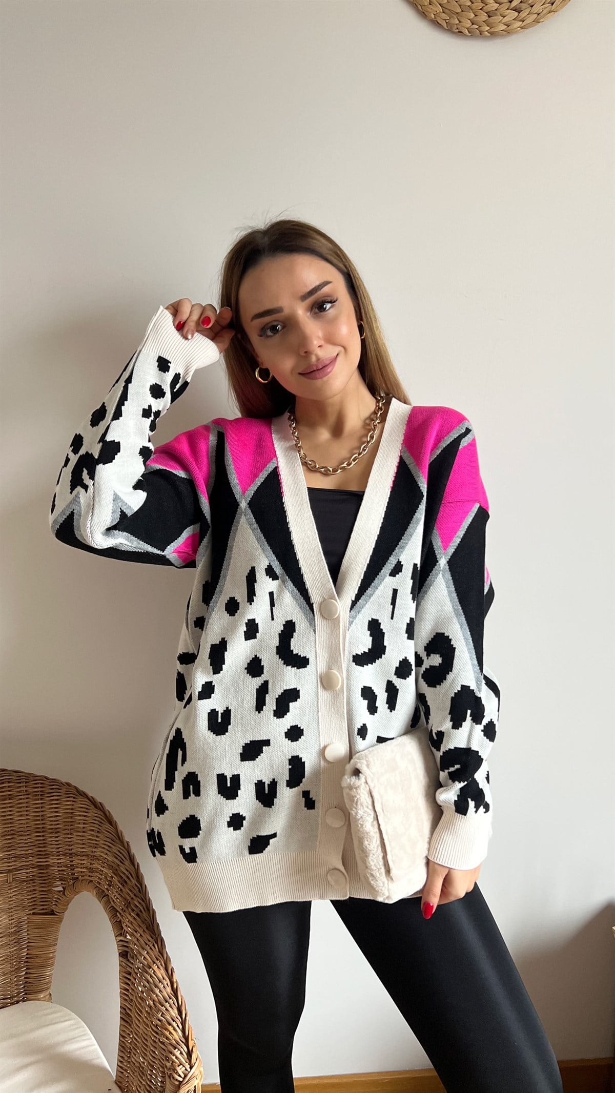 Fuşya Leopar Desenli Hırka	