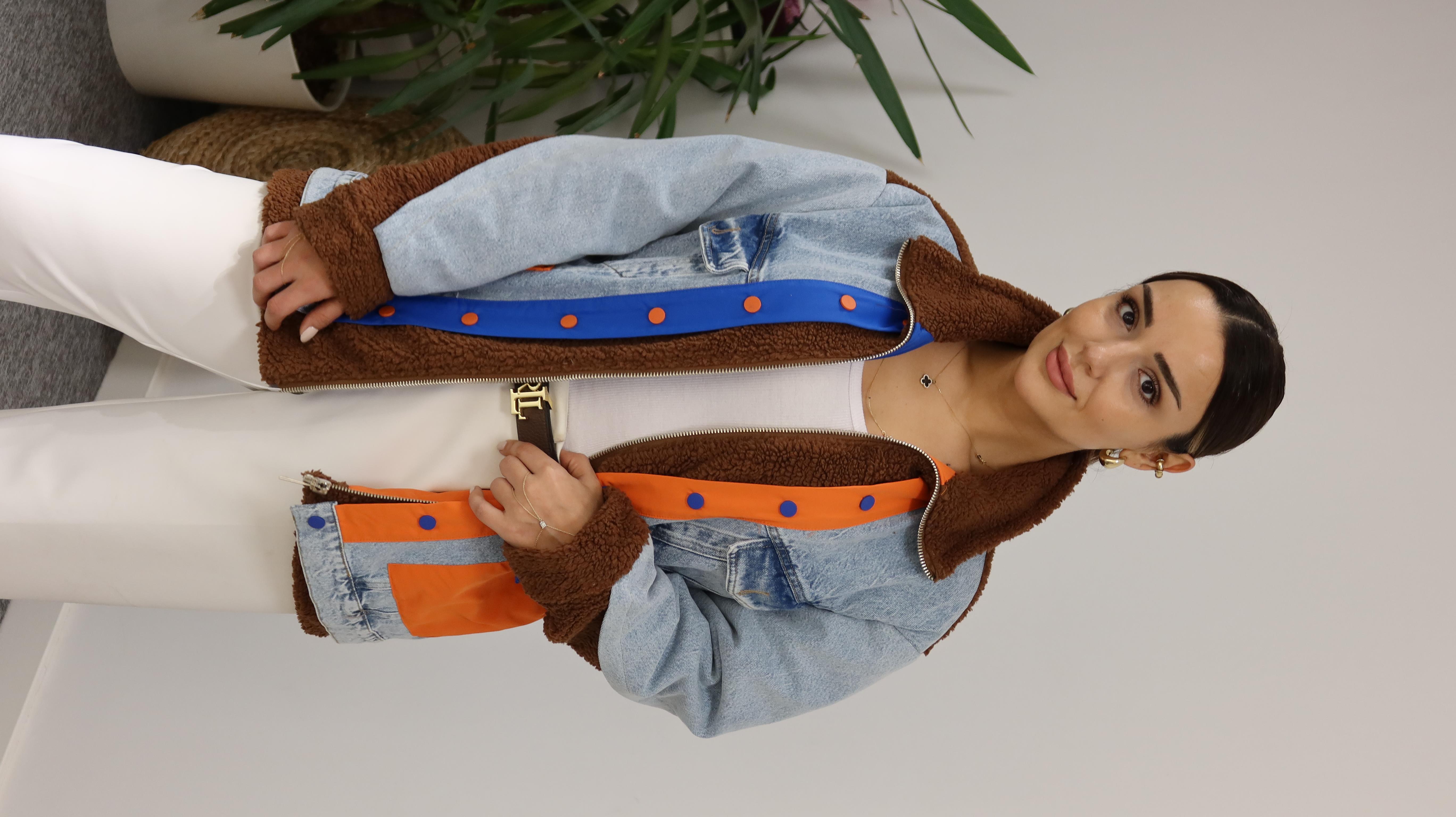 Kahve Denim Mix Turuncu Detay Peluş Mont 