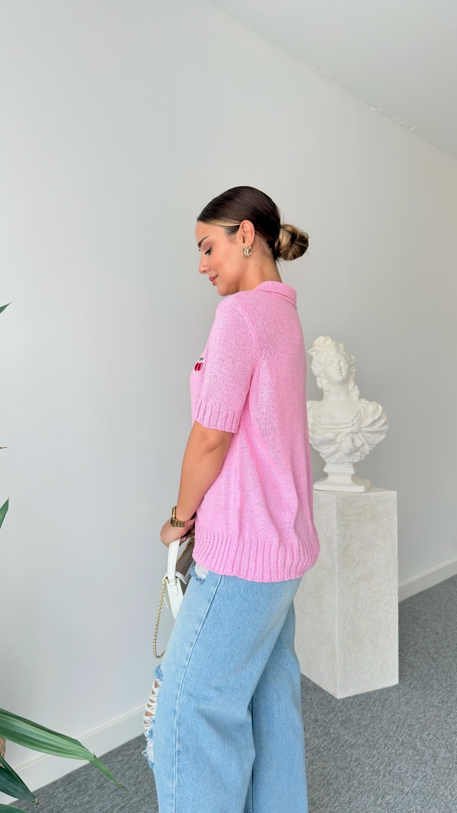 Pembe Kiraz Detaylı Triko Bluz