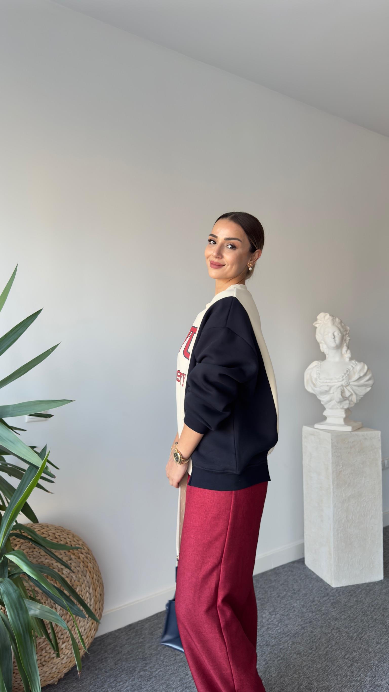 Boston Yazılı Çift Renk Sweatshirt