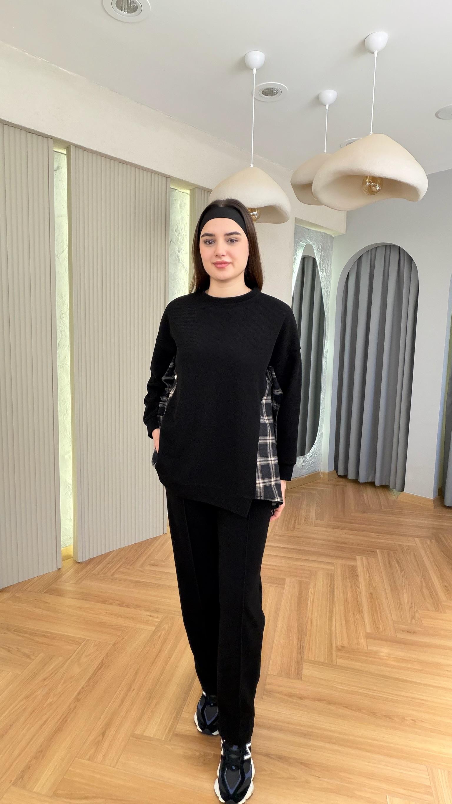 Siyah Lapel Ekose Garnili Selanik Takım