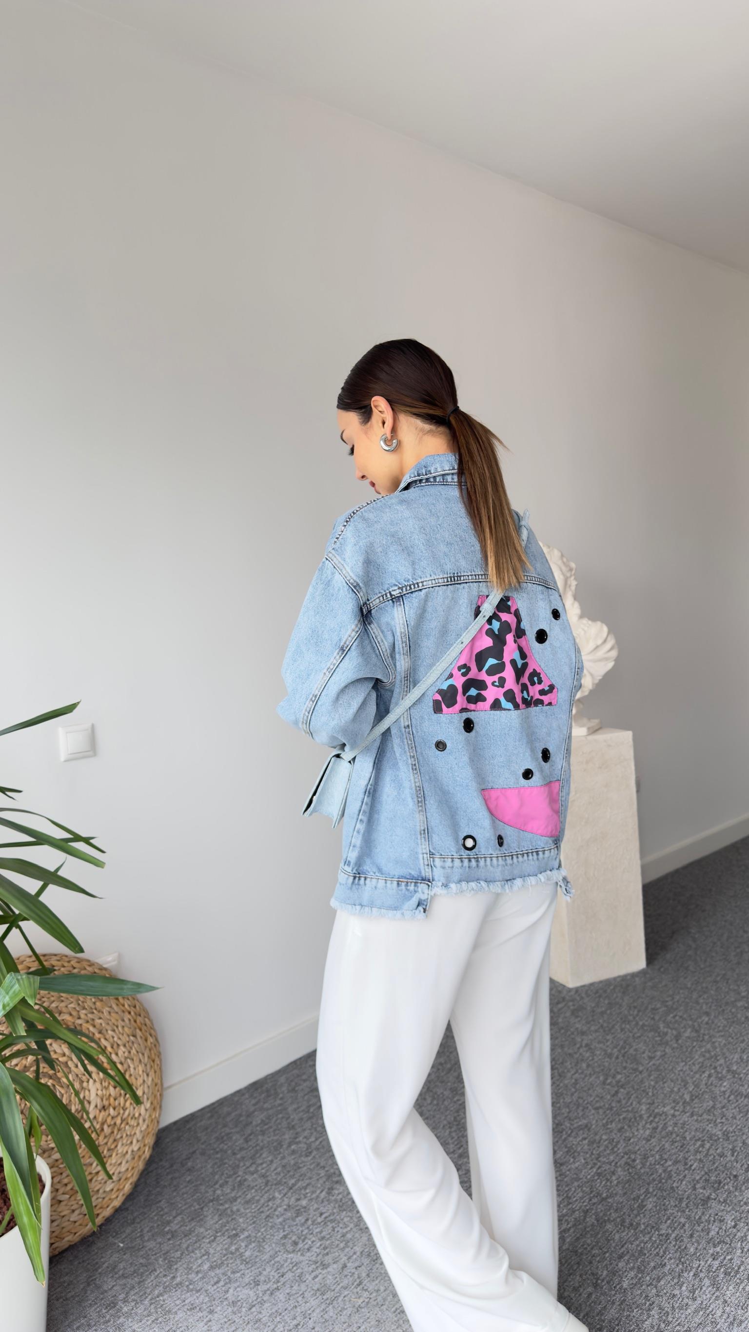 Lera Pembe Leopar Detaylı Tasarım Jean Ceket