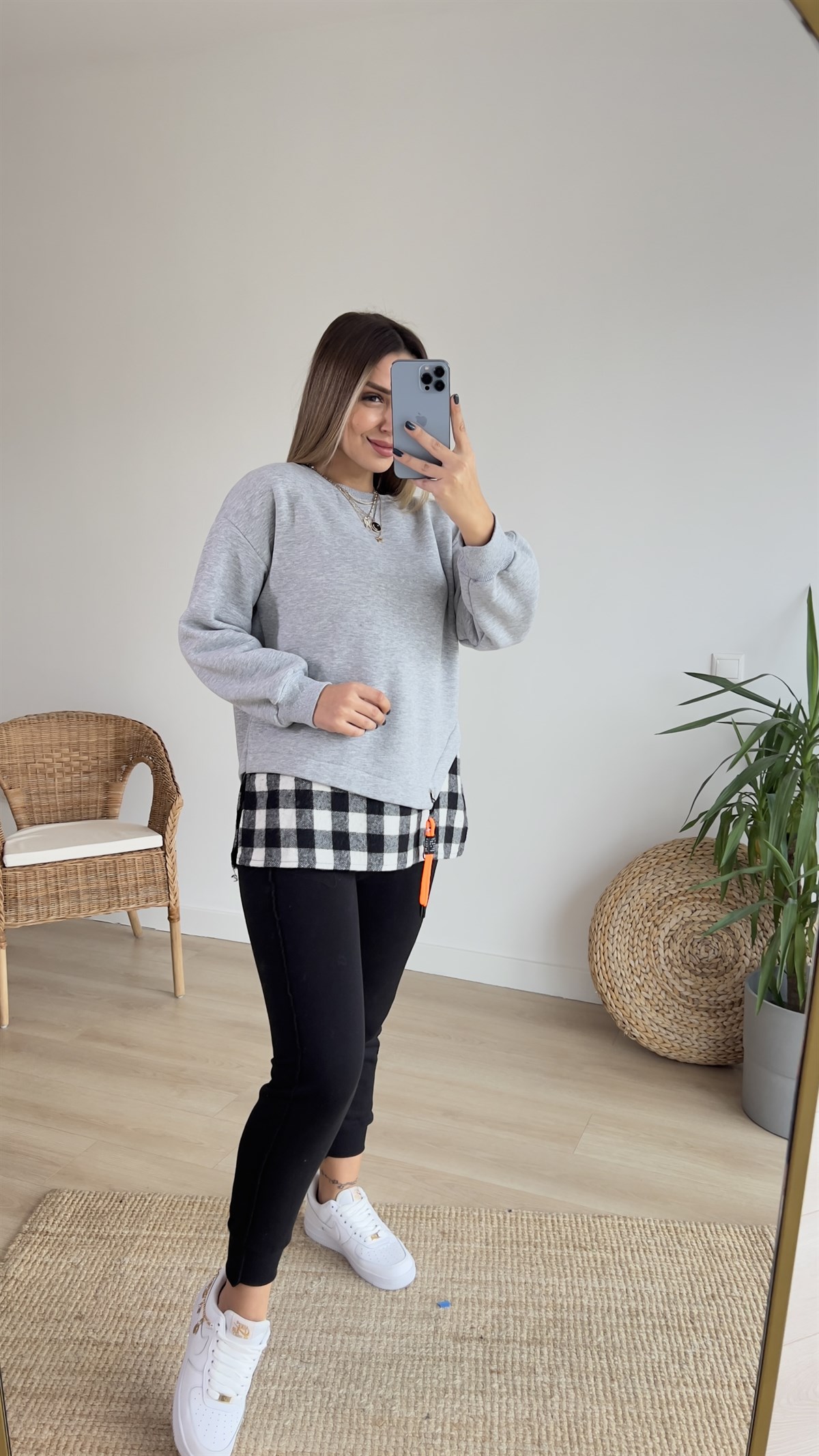 Ekose Detaylı Tasarım Gri Sweatshirt