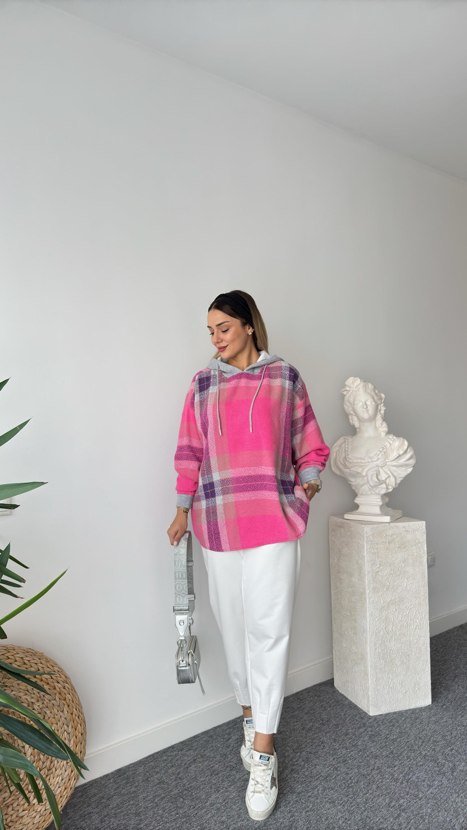 Pembe Ekose Geçişli Kapüşonlu Sweat