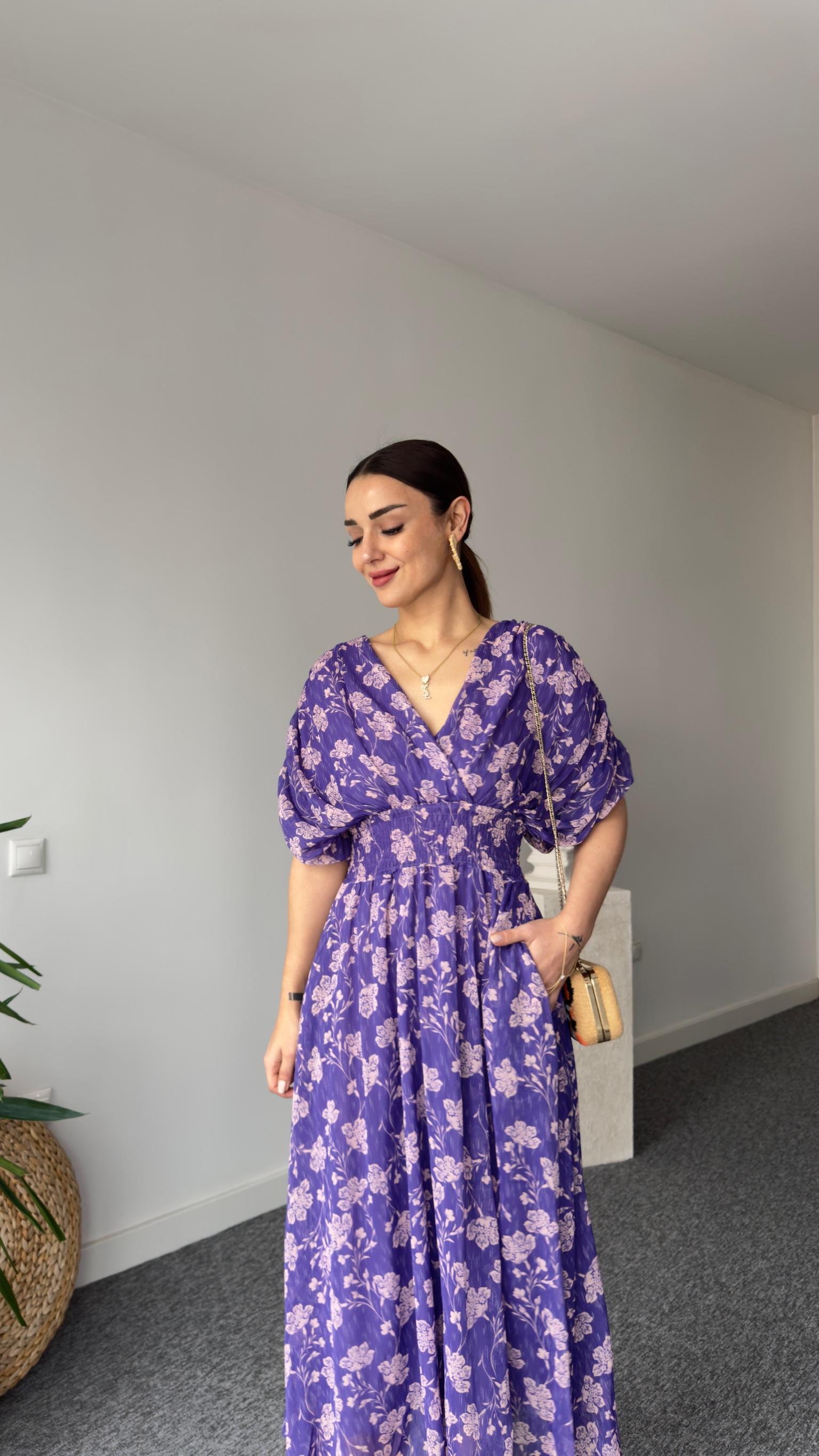 Çiçek Desen Bel Büzgü Lila Maxi Elbise 