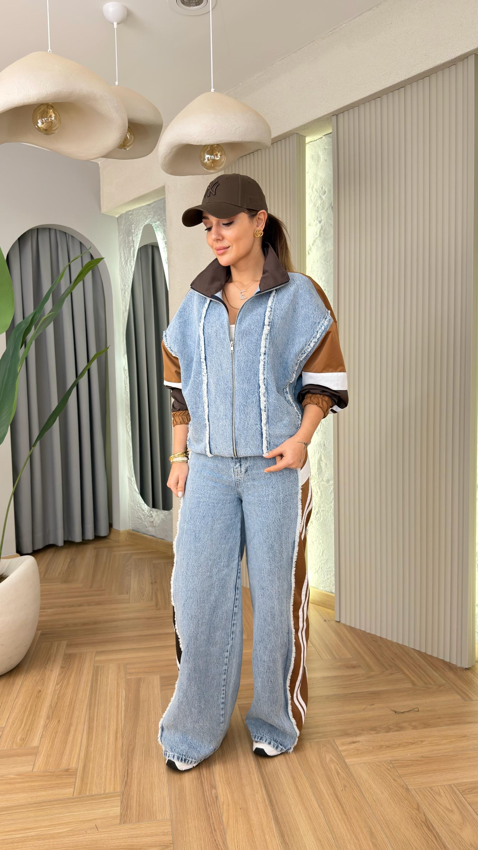 Kahve Porsha Paraşüt Detaylı Tasarım Jean Takım