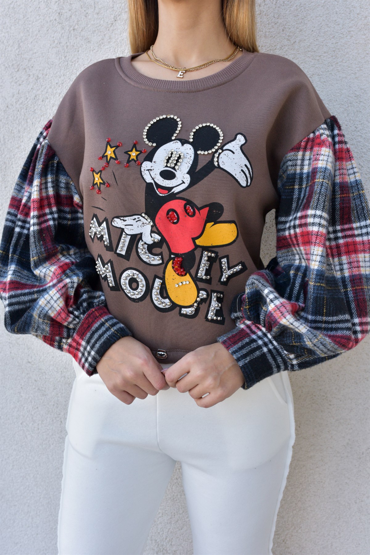 Kolları Ekose Detaylı Kahve Mickey Sweat