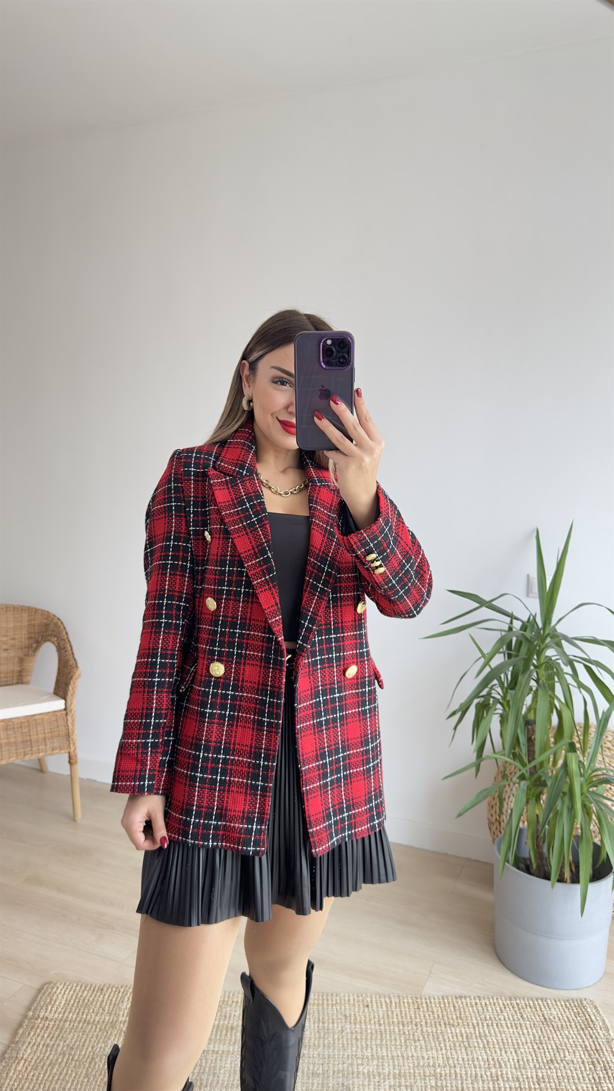 Ekose Desen Gold Düğme Kırmızı Blazer Ceket