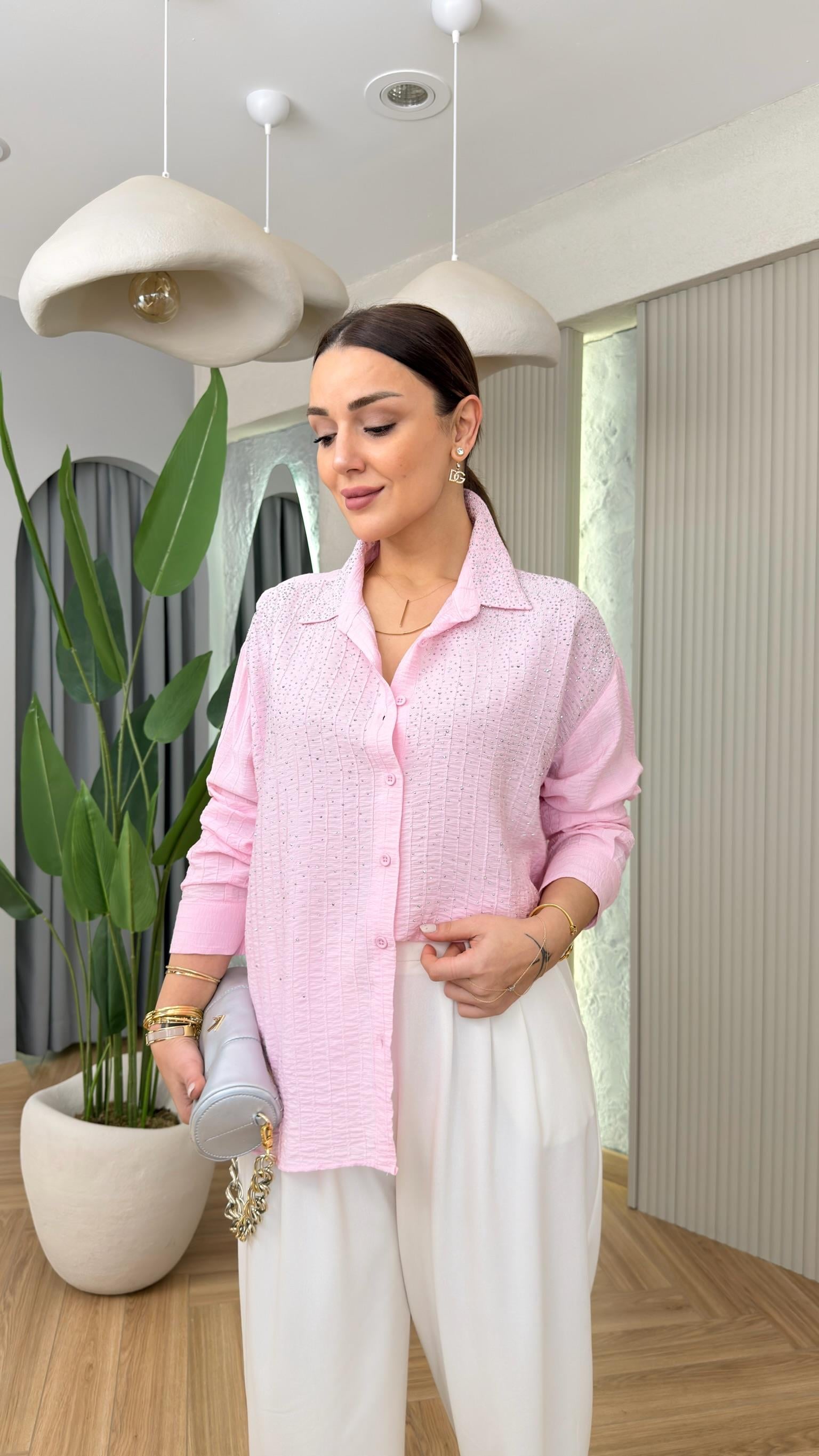 Pembe Minka Parıltılı Taş Detaylı Gömlek