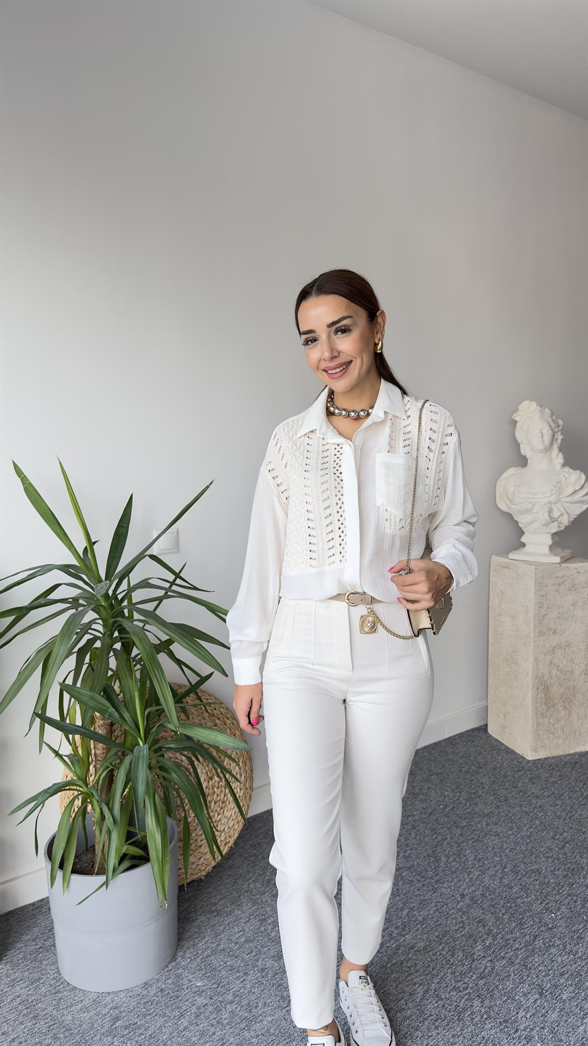 Triko Detay Orj Model Ekru Gömlek 