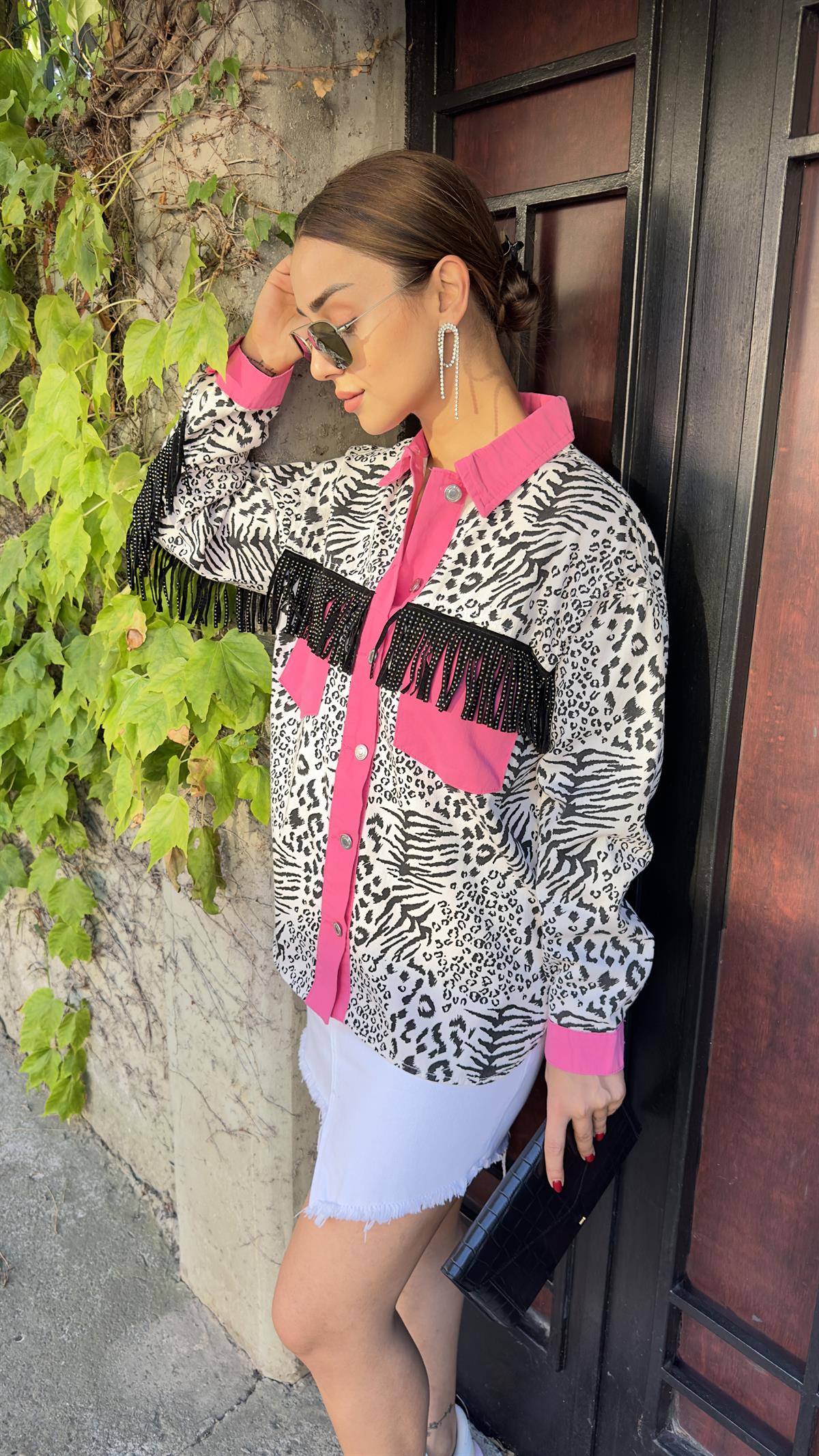 Pembe Cep Detay Zebra Desenli Ceket