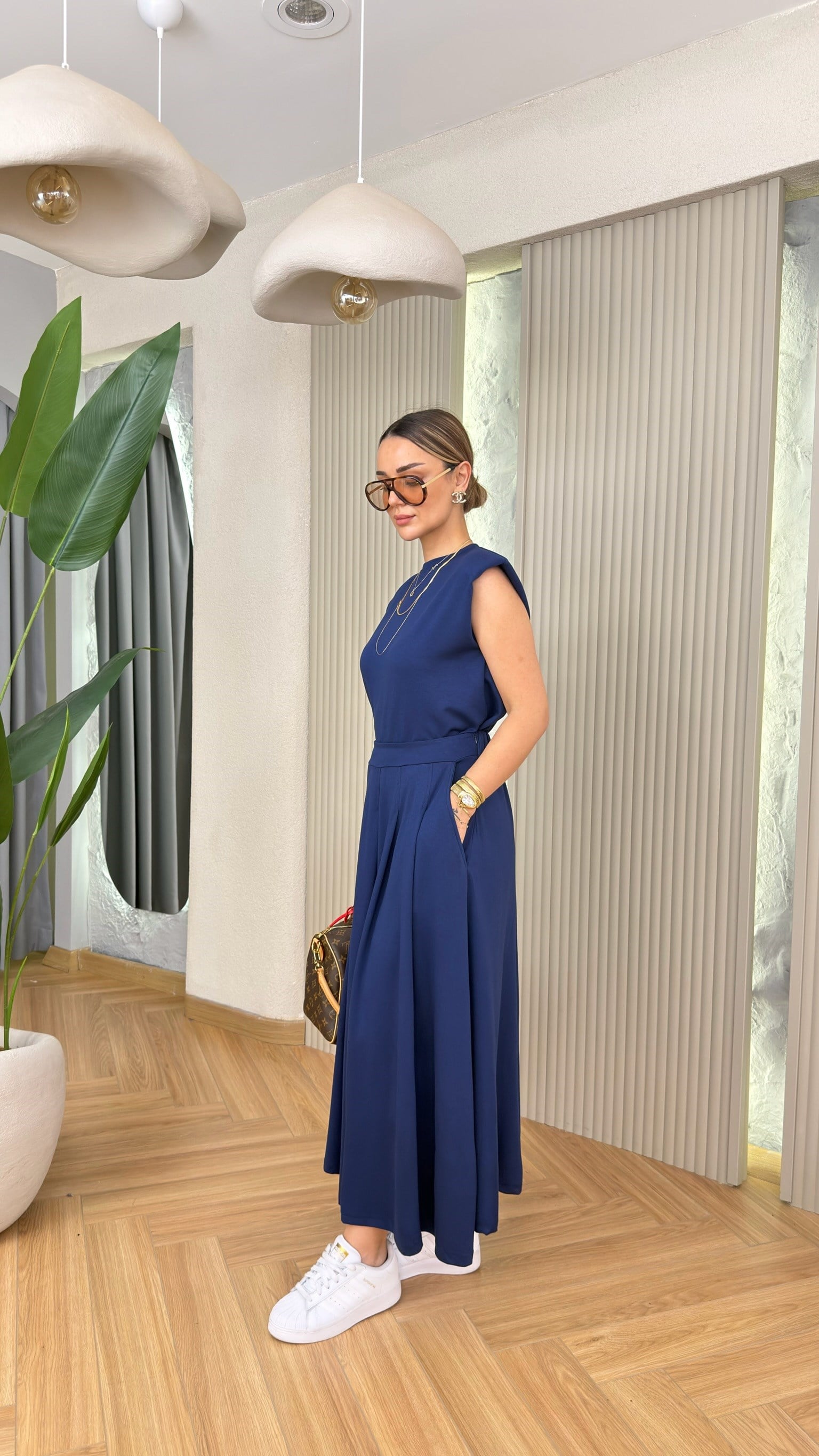 Lacivert Verona Pileli Etek Bluz Modal Takım