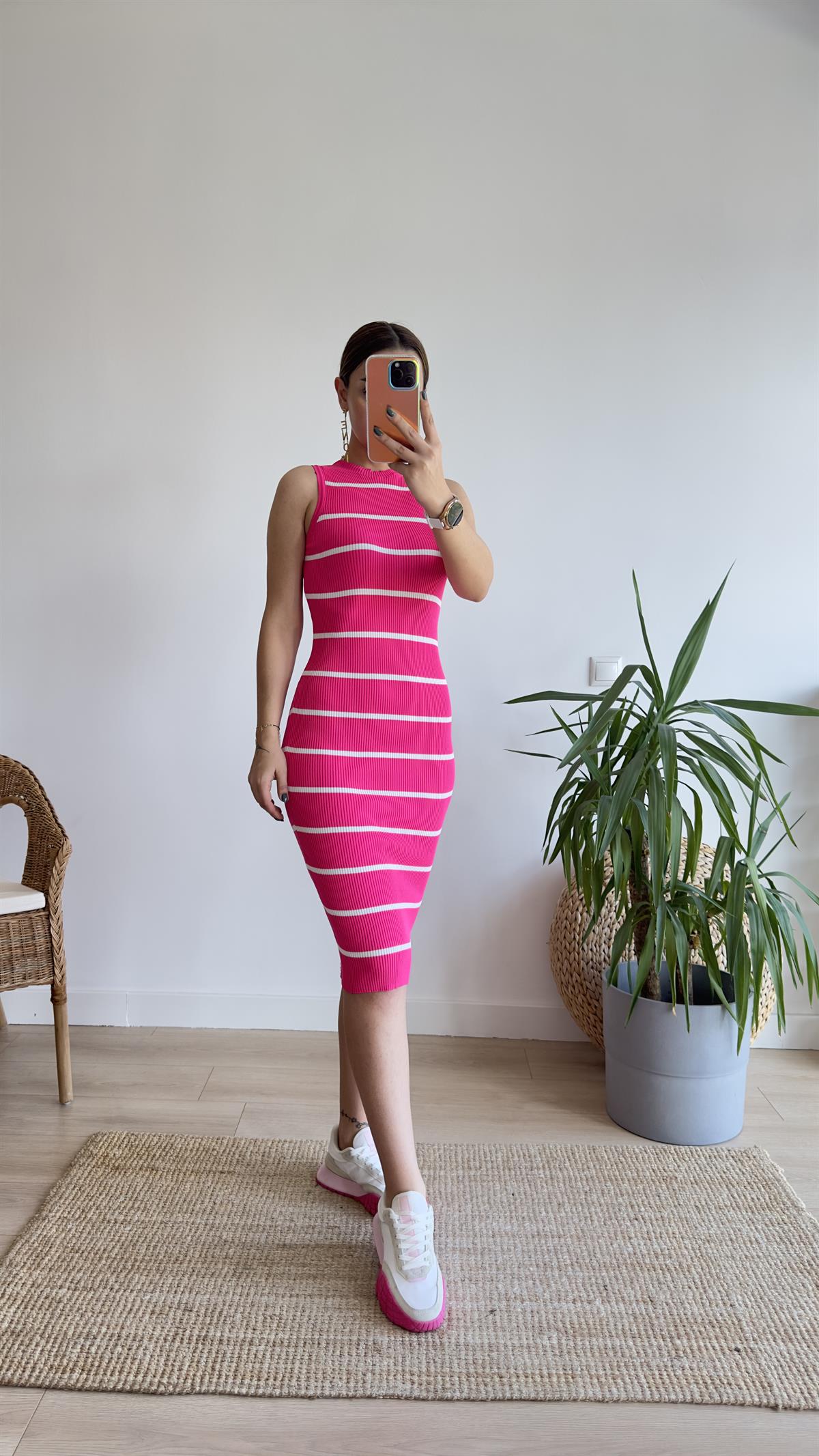 Nisen Kolsuz Çizgili Pembe Triko Elbise 