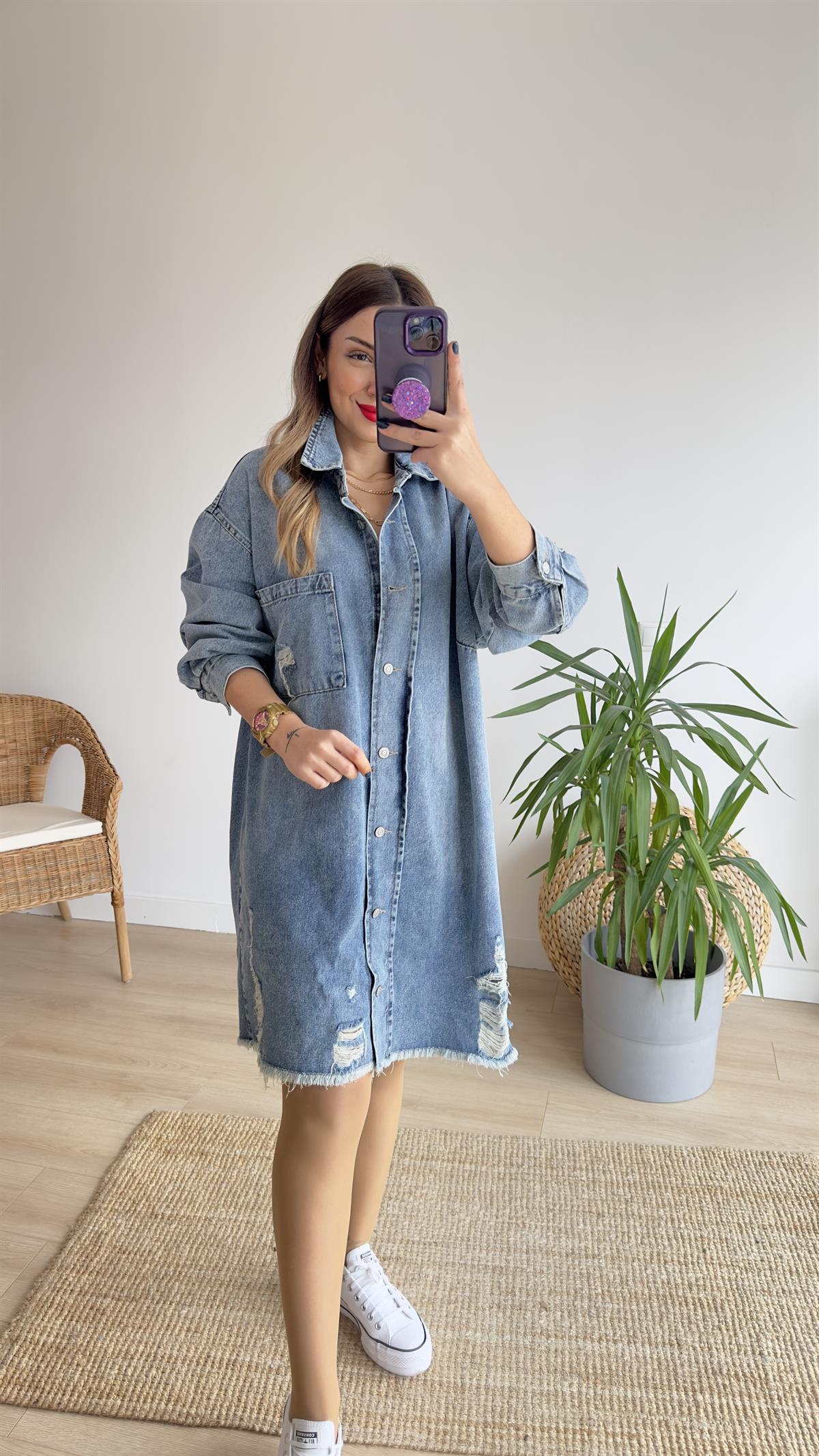 Yırtıklı Salaş Denim Elbise 