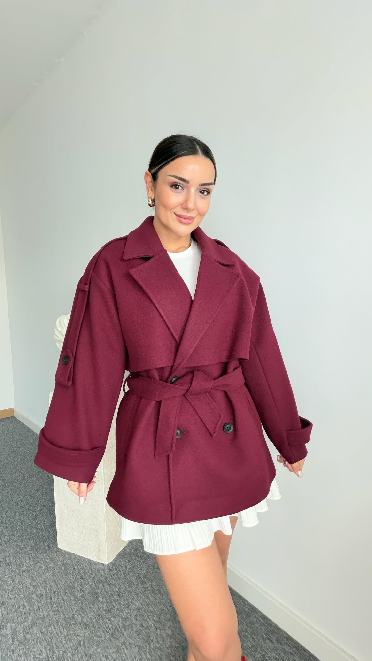 Bordo Laufen Kuşaklı Kaşe Kaban