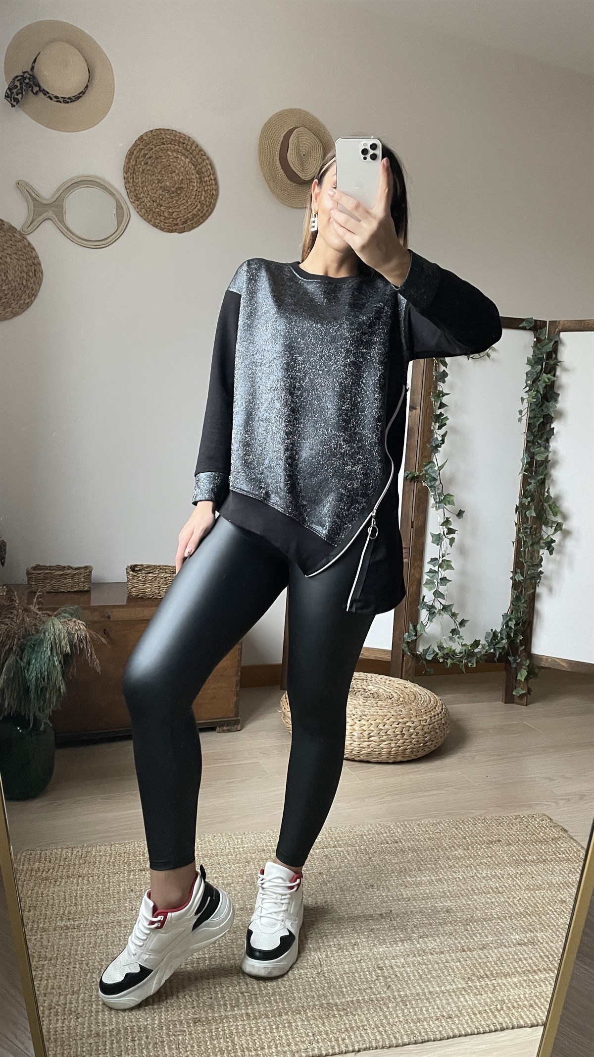 Fermuar Detaylı Siyah Sweat