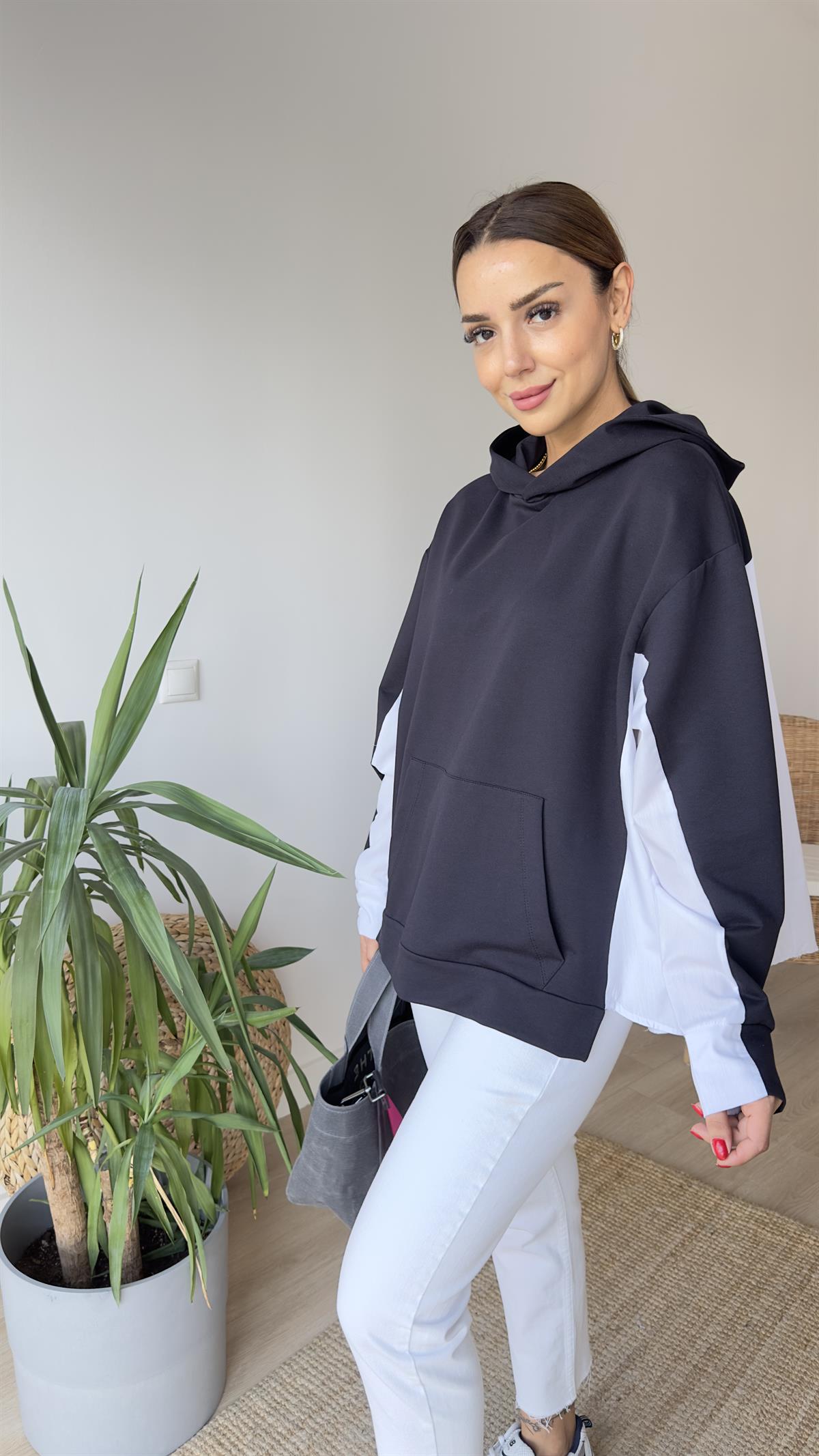 Zra Model Sırtı Poplin Kapüşonlu Lacivert Sweat