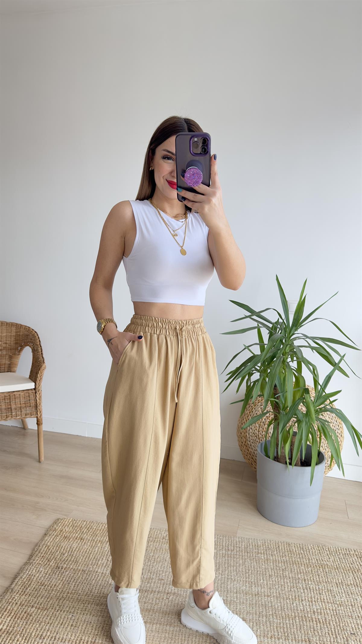Beli Lastikli Camel Şalvar Pantolon
