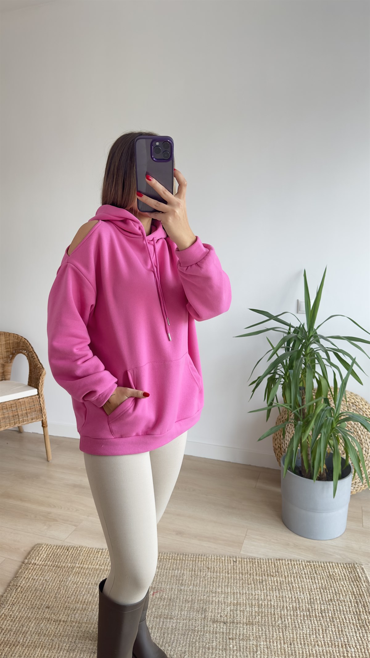 Omuz Pencere Detaylı Pembe Sweat