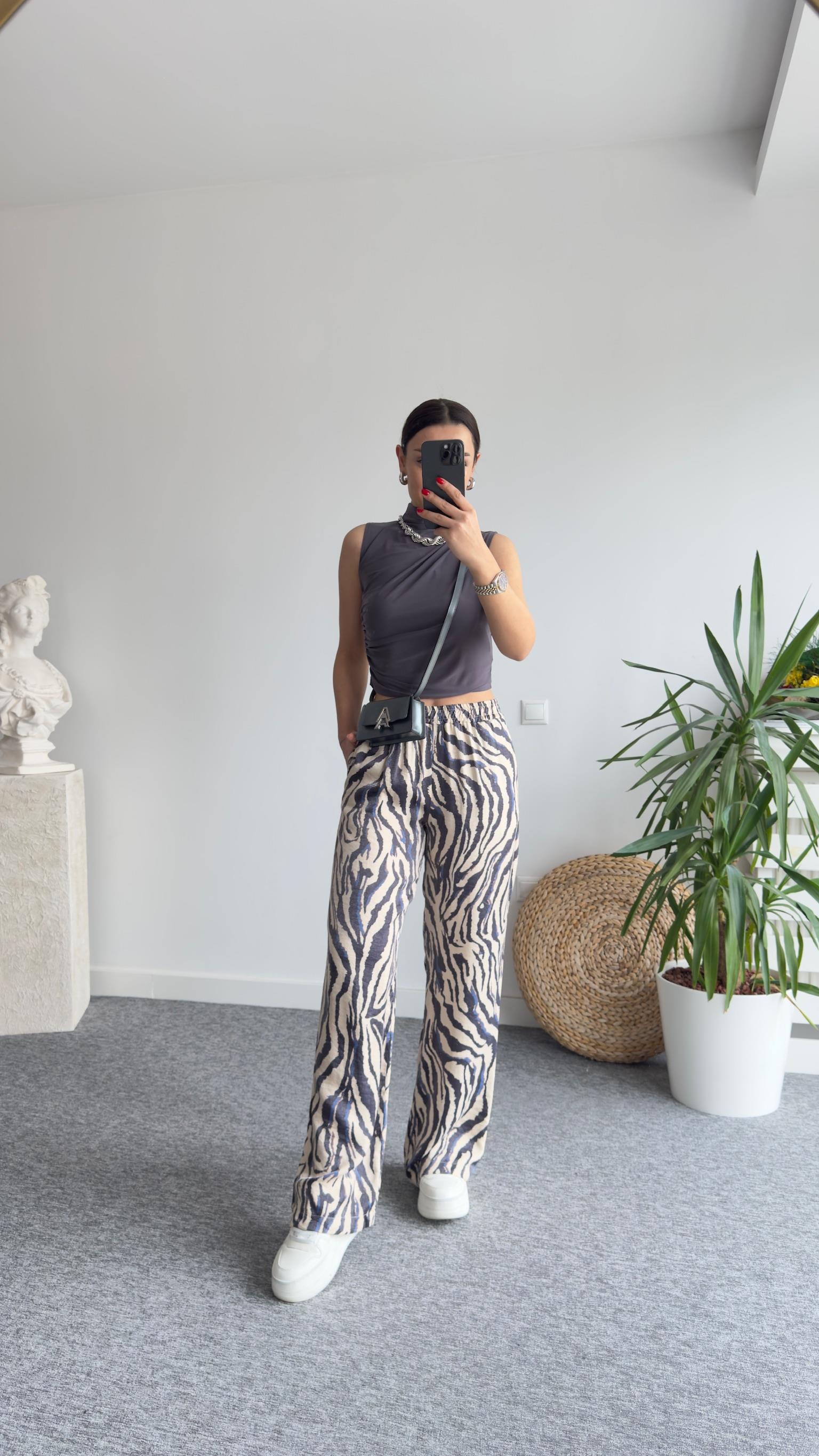 Mavi Zebra Desen Bel Lastikli Pantolon
