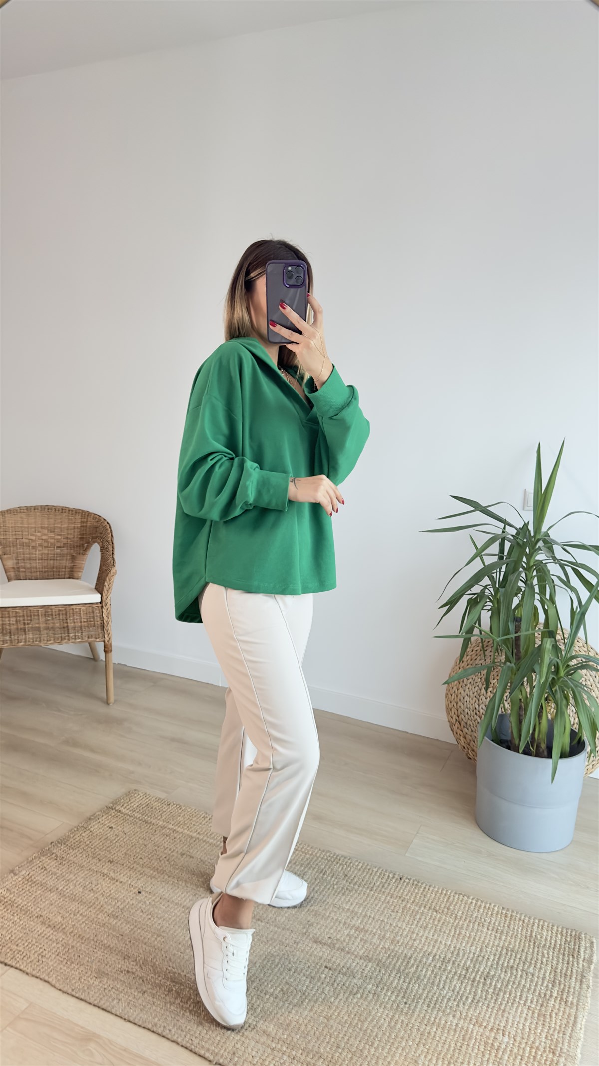 Kapüşonlu Yeşil Basic Sweat