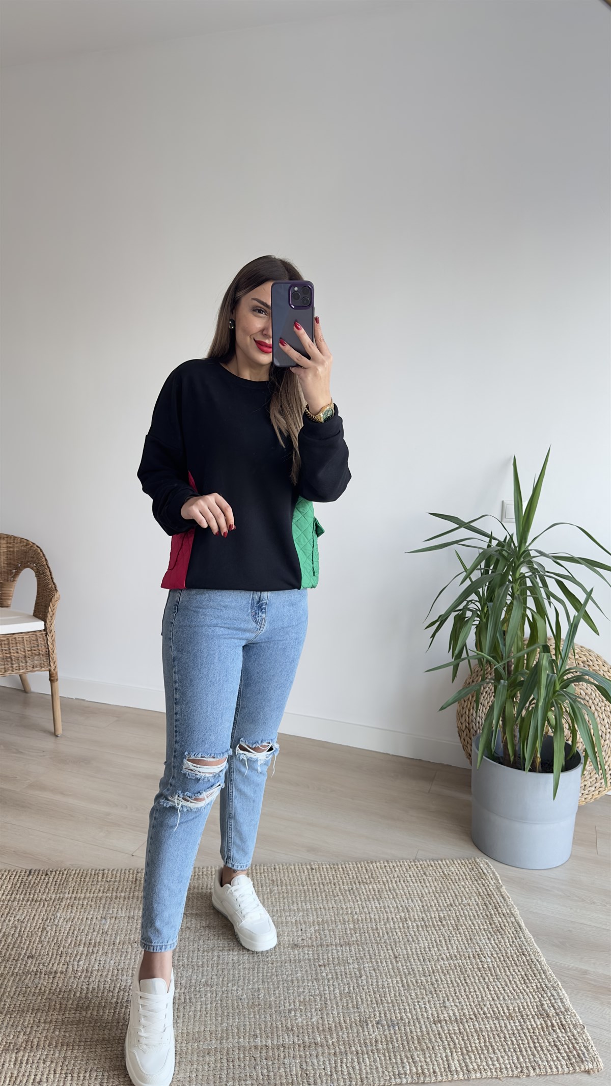 Pembe Yeşil Kapitoneli Sweat