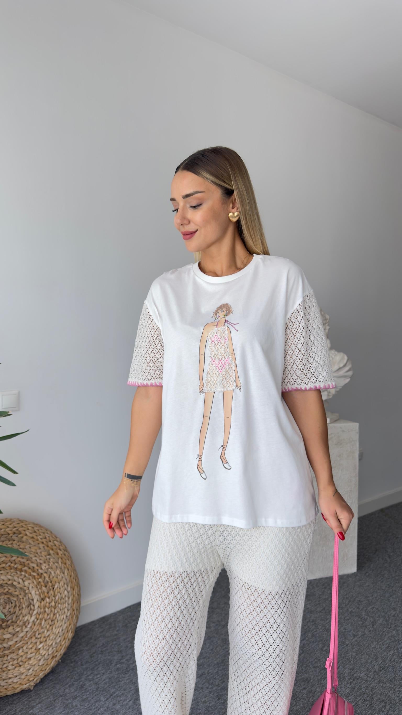 Lija Kız Baskılı Dantel Garnili Tshirt