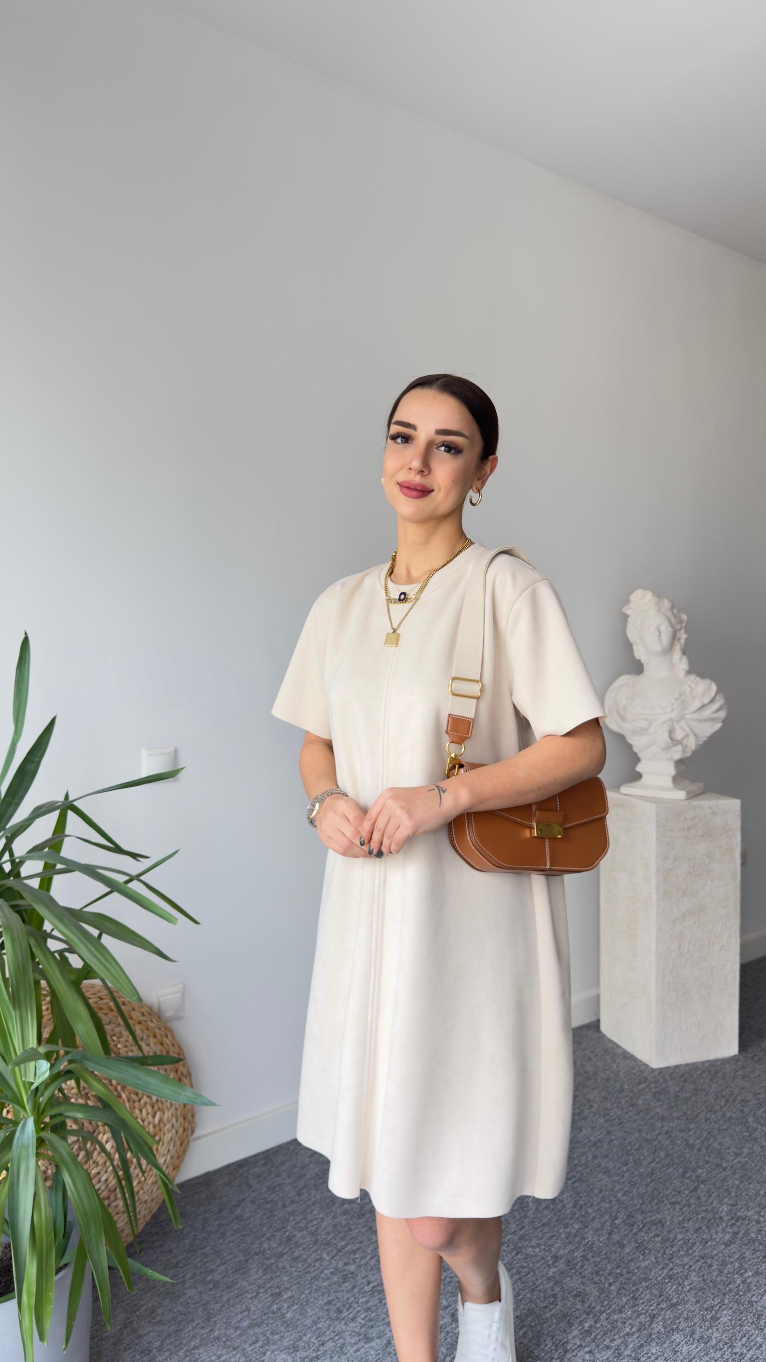 Krem Süet Basic Elbise