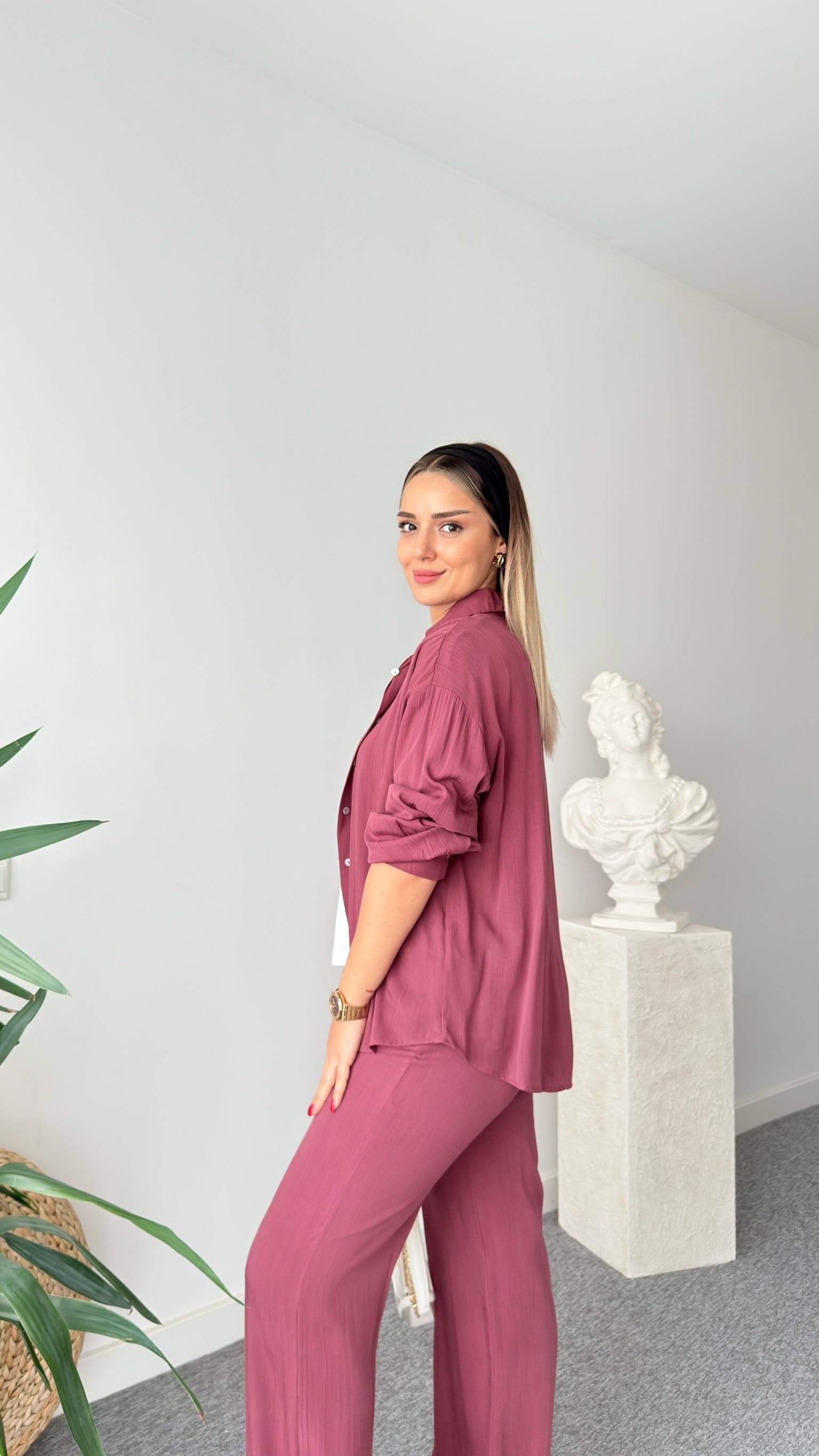 Bordo Rilla Gömlek Pantolon Takım
