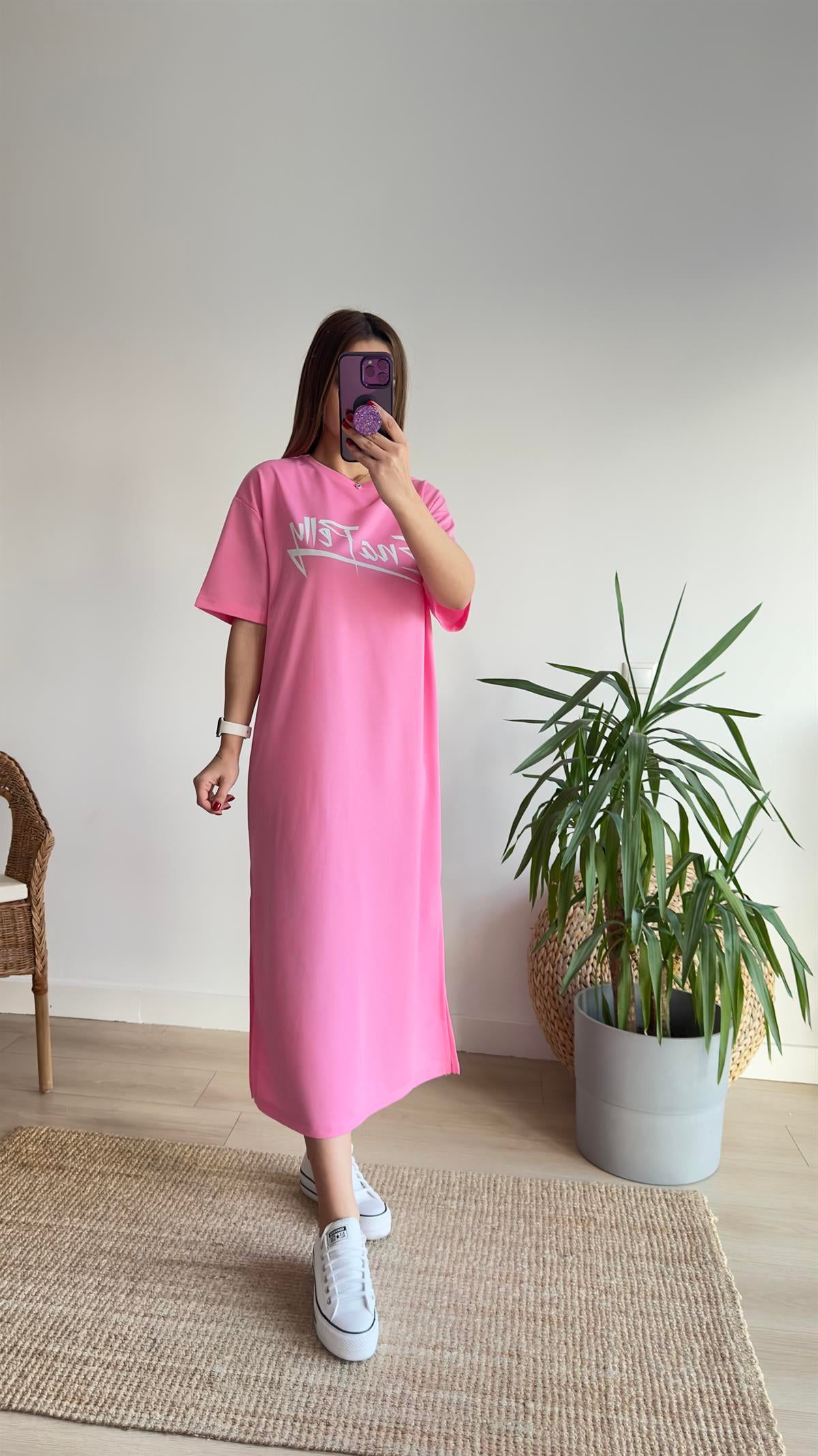 Camex Yazı Detaylı Pembe Elbise
