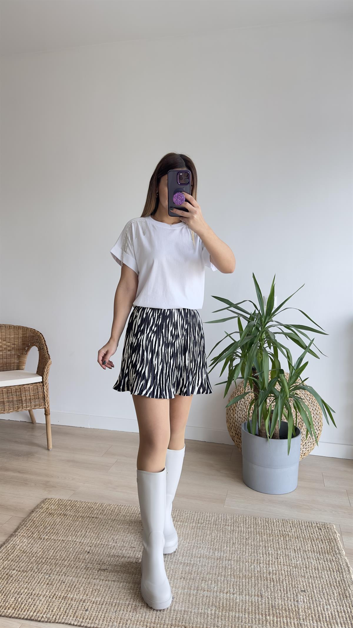 Duble Kol Taşlı Beyaz Tshirt