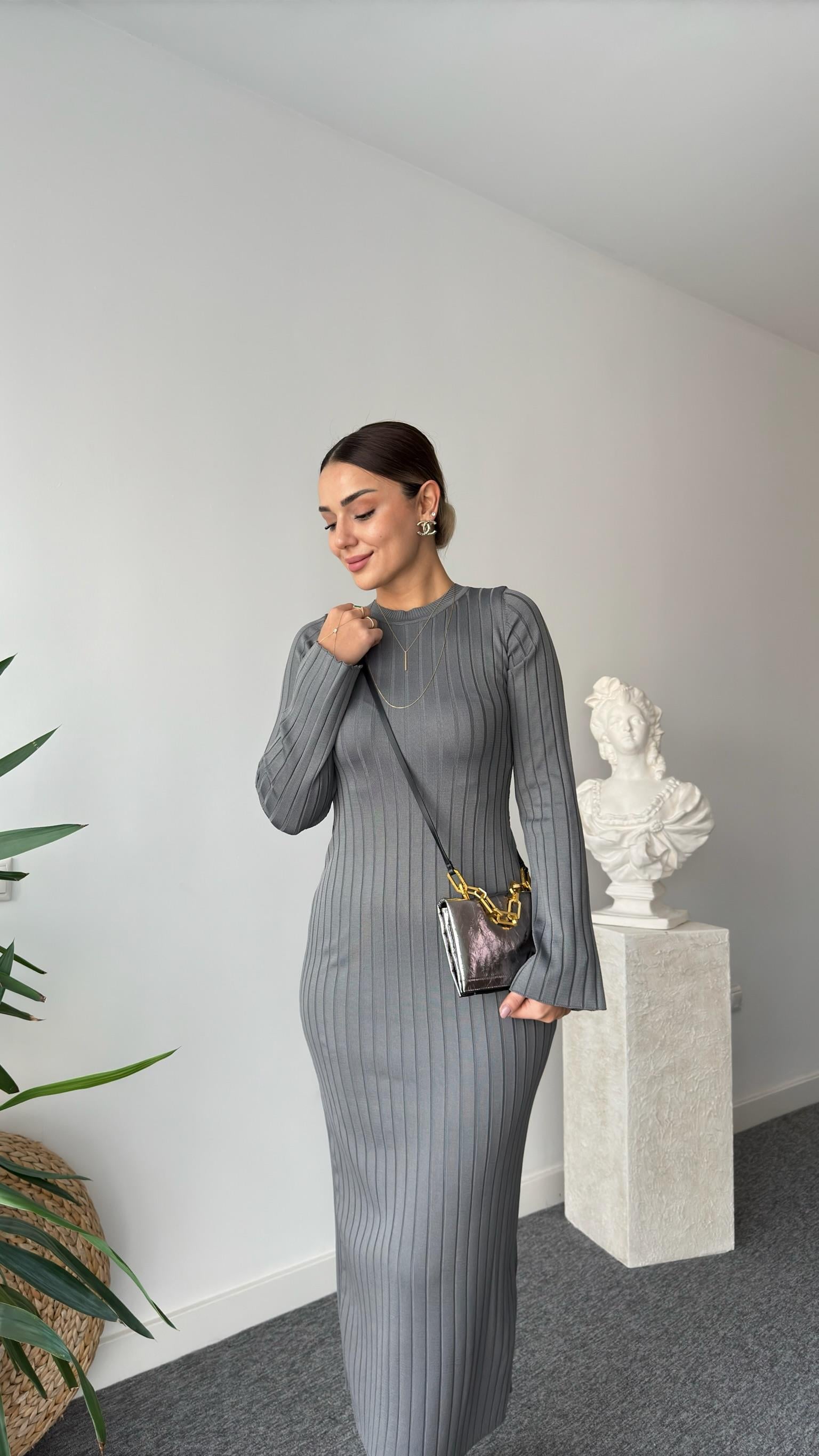 Rudi Zra Model Gri Çelik Triko Elbise 