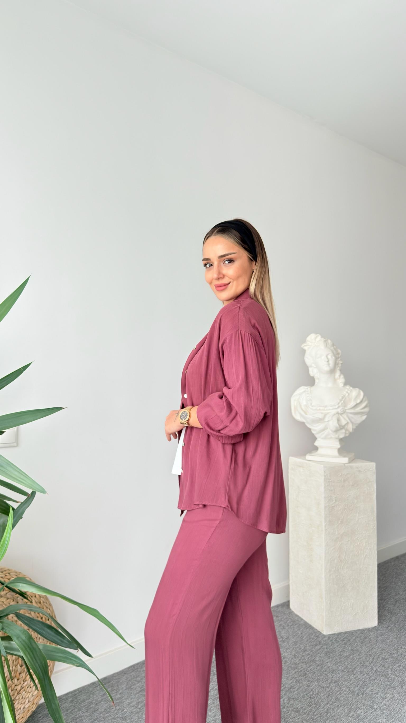 Bordo Rilla Gömlek Pantolon Takım