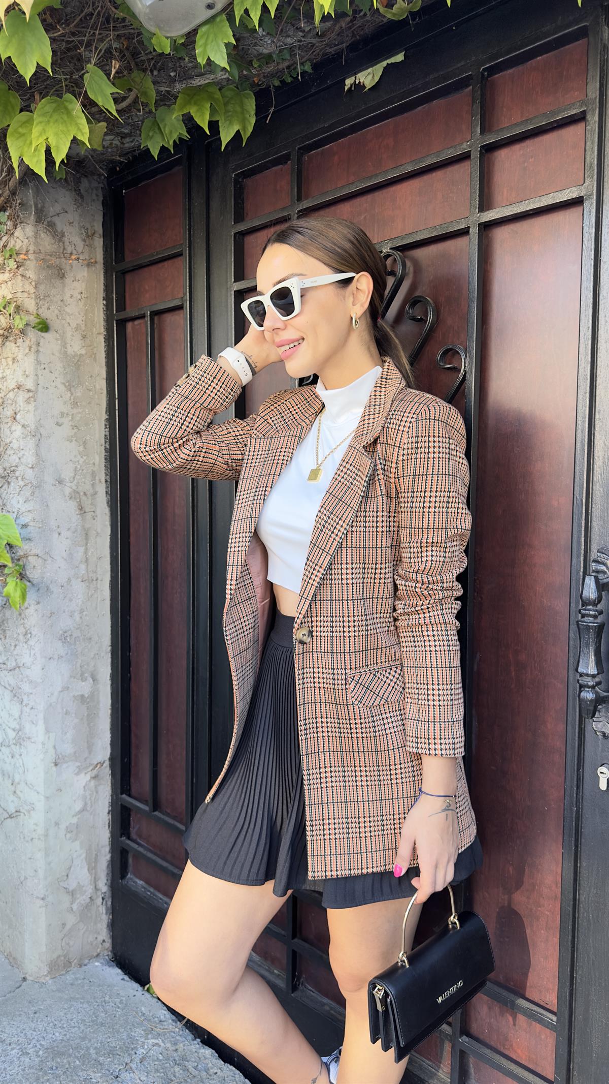 Tek Düğme Kahve Ekose Blazer Ceket