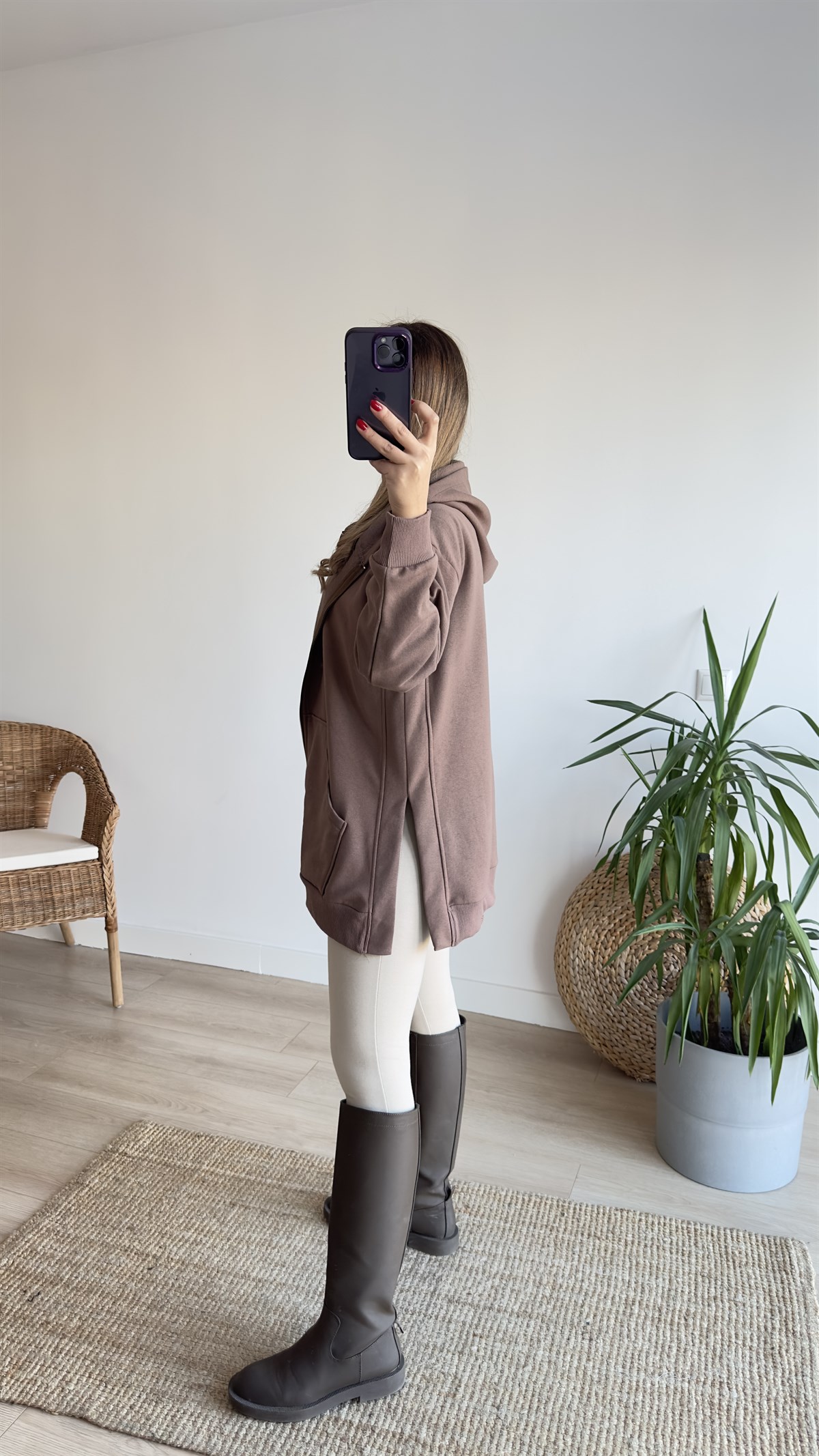 Şardonlu Yanları Yırtmaçlı Kahve Sweatshirt