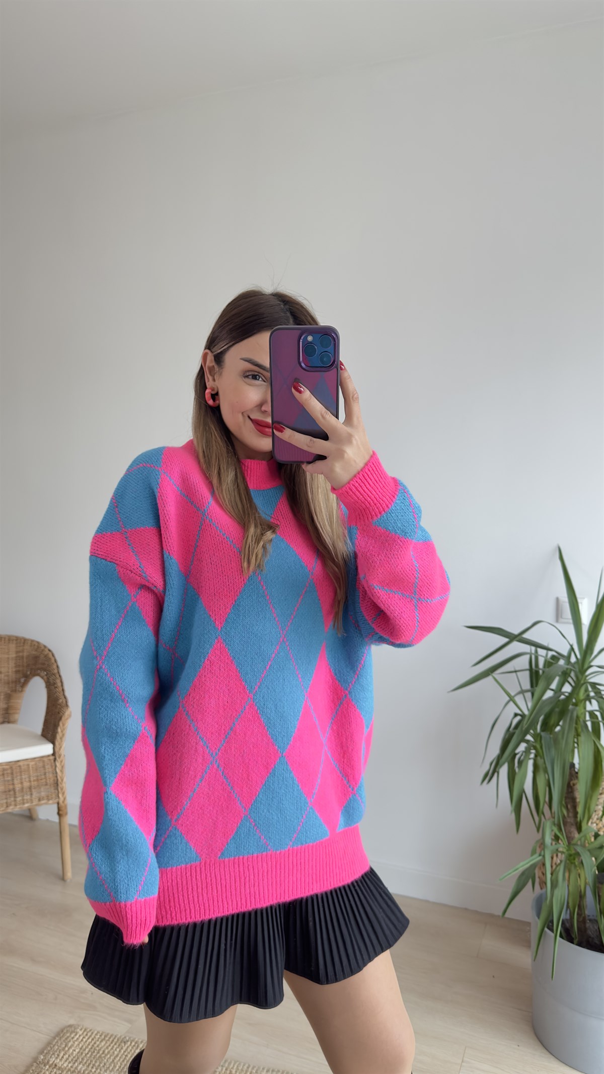 Pembe Mavi Baklava Desen Kazak