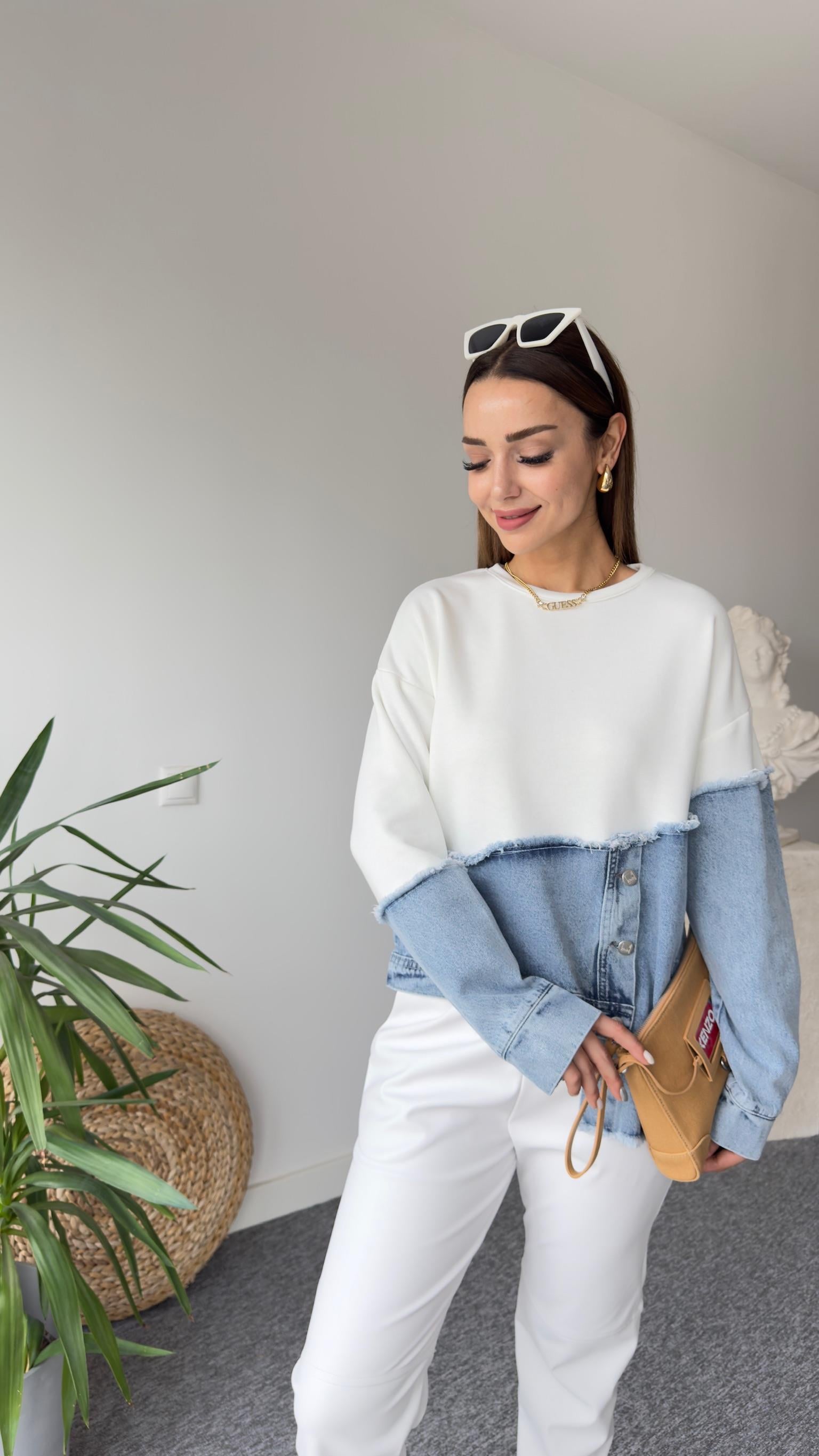New Asimetrik Kot Detay Beyaz Tasarım Sweat