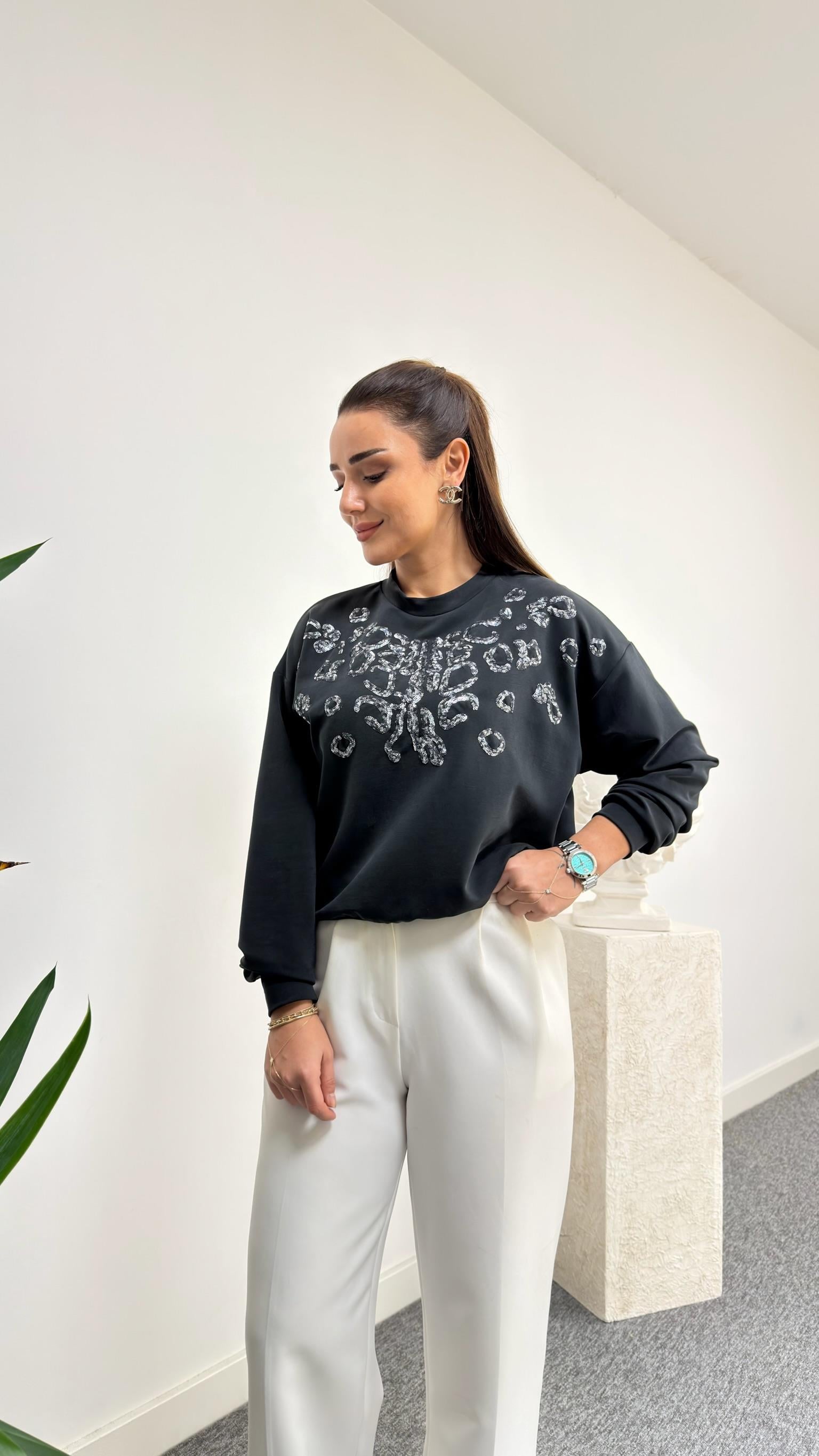 Siyah Payetli Premium Modal Sweat