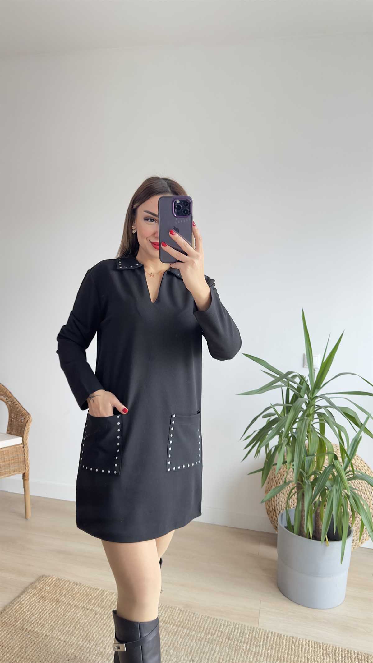 Zımba Detaylı Polo Yaka Siyah Elbise 