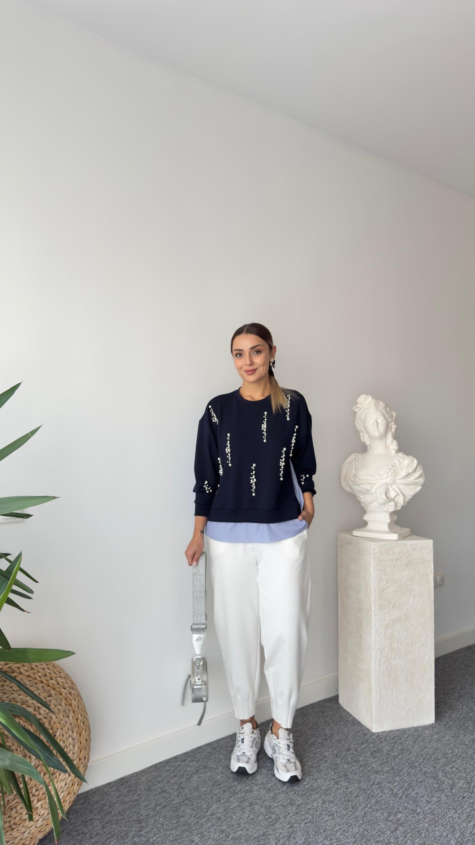 İnci Detaylı Sırt Poplin Lacivert Modal Sweat