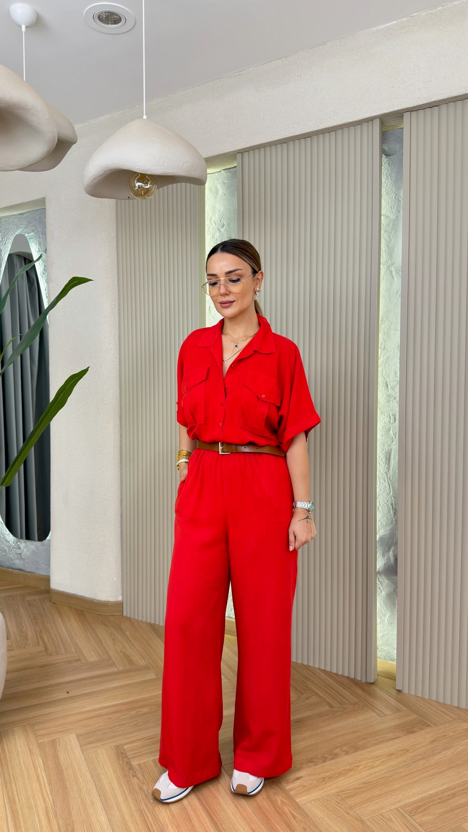Kırmızı Lucy Kemerli Tensel Tulum