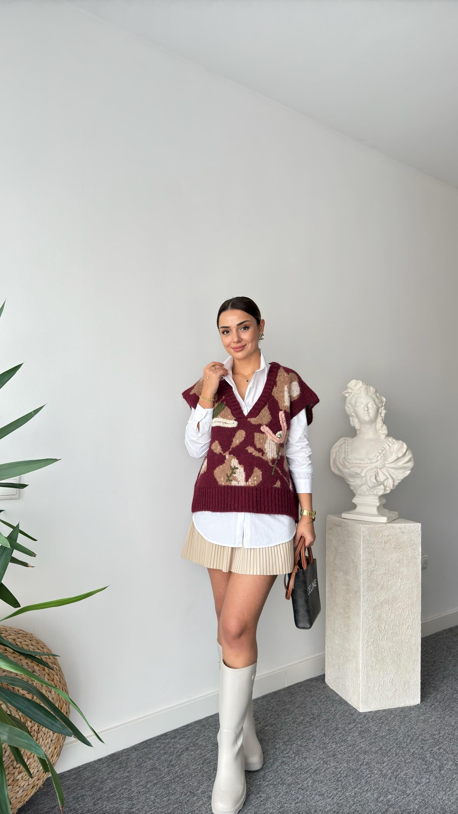 Bordo Nakışlı Karışık Desen Süveter Gömlek İkili Takım
