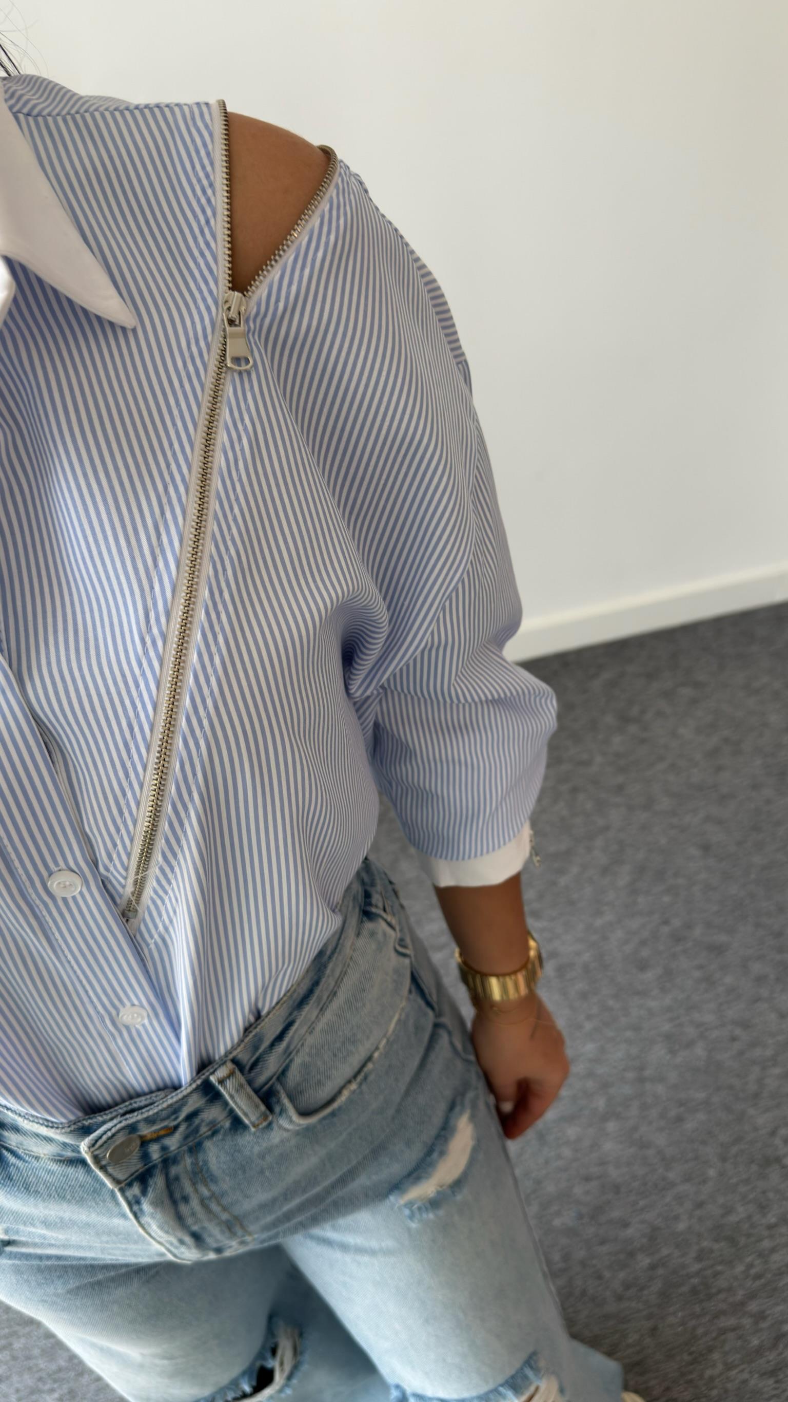 Fermuar Detaylı Çizgili Gömlek