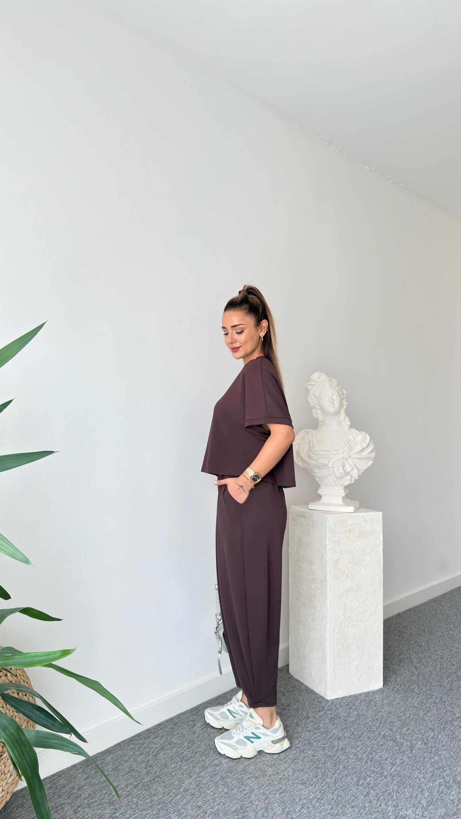 Premium Modal Kahve Şalvar Pantolon Takım