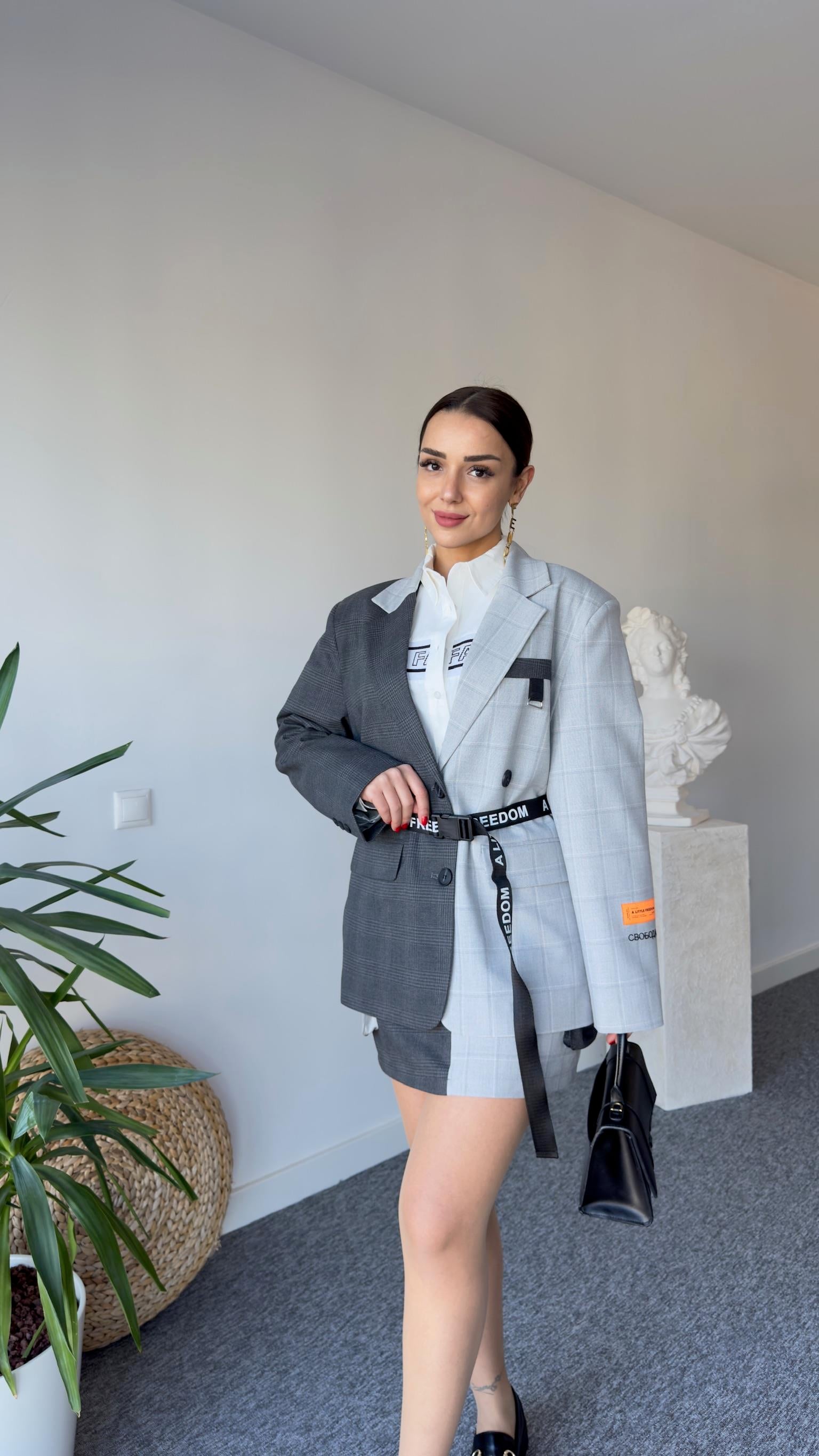 Premıum Kemerli Tasarım Ekose Blazer